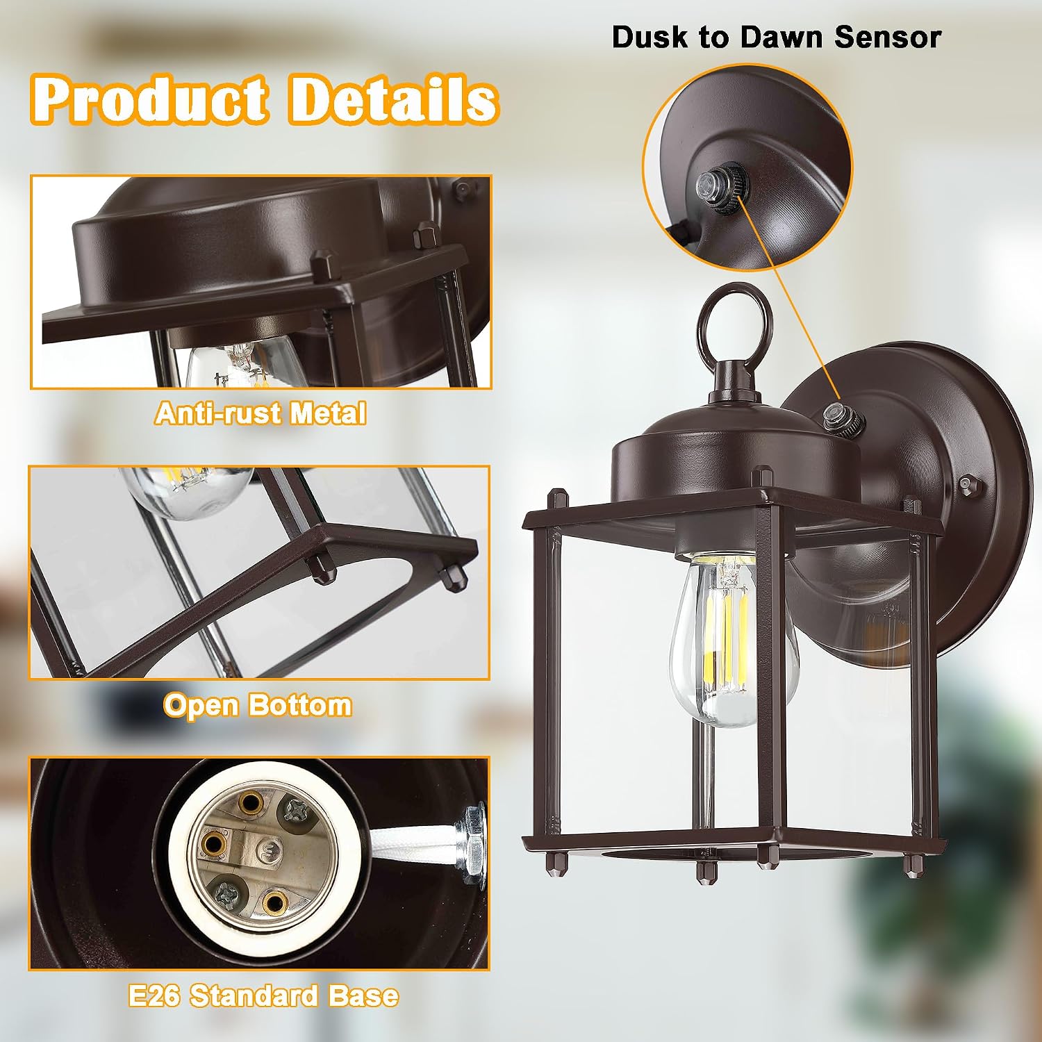 Dusk to Dawn Outdoor Wall Lantern, Modern Exterior Light Fixtures Wall Mount, Waterproof Front Door Wall Lighting with Clear Glass, Bronze Outdoor Wall Lights for House, Garage, 4-Pack