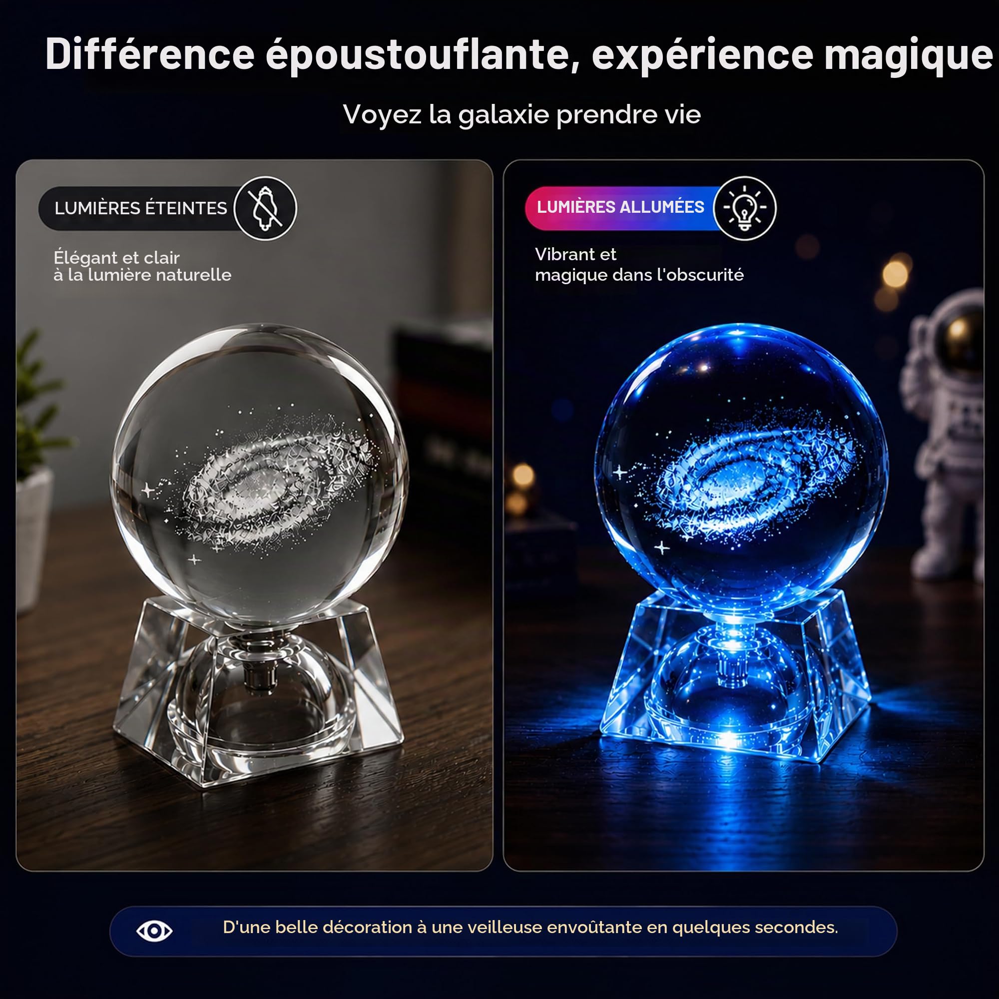 Boule de Cristal Galaxie 8 cm avec Socle LED, Sphère en Verre Gravure Laser 3D, Veilleuse Chambre Bébé et Enfant, Lampe Galaxy Décorative, Cadeau Anniversaire Noël pour Garçon et Fille