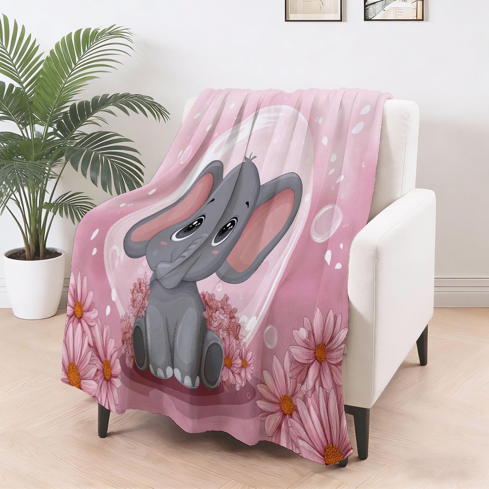 Flanelowy koc polarowy, Cartoon Champest Wygodne i ciepłe słonie stokrotki bąbelki miękkie i puszyste narzuta na sofę narzuta na sofę, sofę, łóżko, 100 x 150 cm
