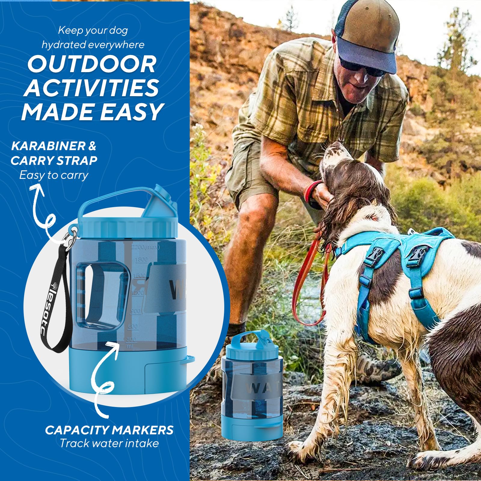Dispenser per acqua per cani da 2,19 g, bottiglia d'acqua per cani di grandi dimensioni, portatile, con ciotola da viaggio estraibile per cani, ciotola portatile per cani in viaggio, accessori