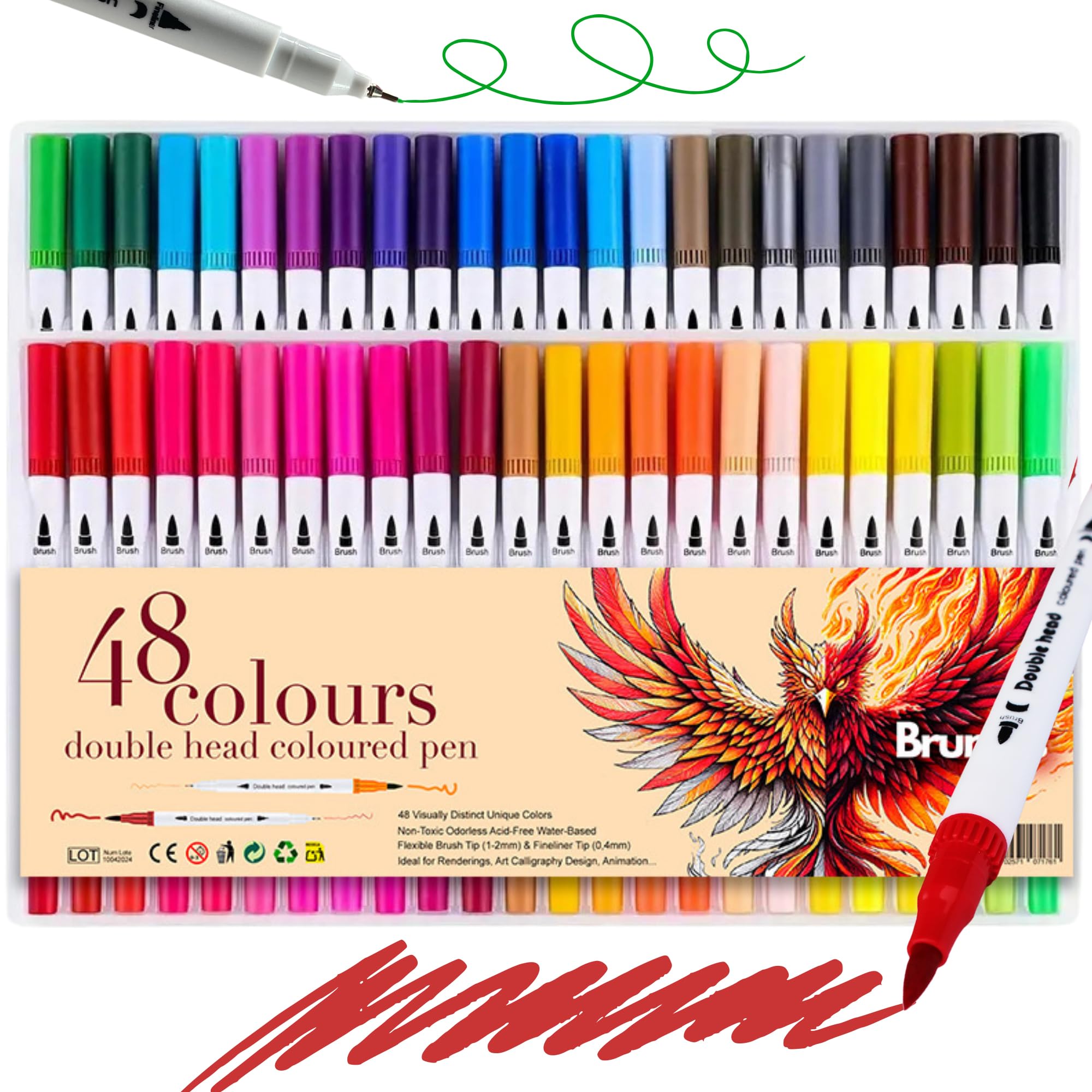 BRUNAIS Rotuladores Doble Punta para Colorear - Kit de Pintura para Adultos y Niños - Punta Fina y Pincel para Lettering, Mandalas, Sombrear y Difuminar - Tinta a Base de Agua, Inodora y Vibrante