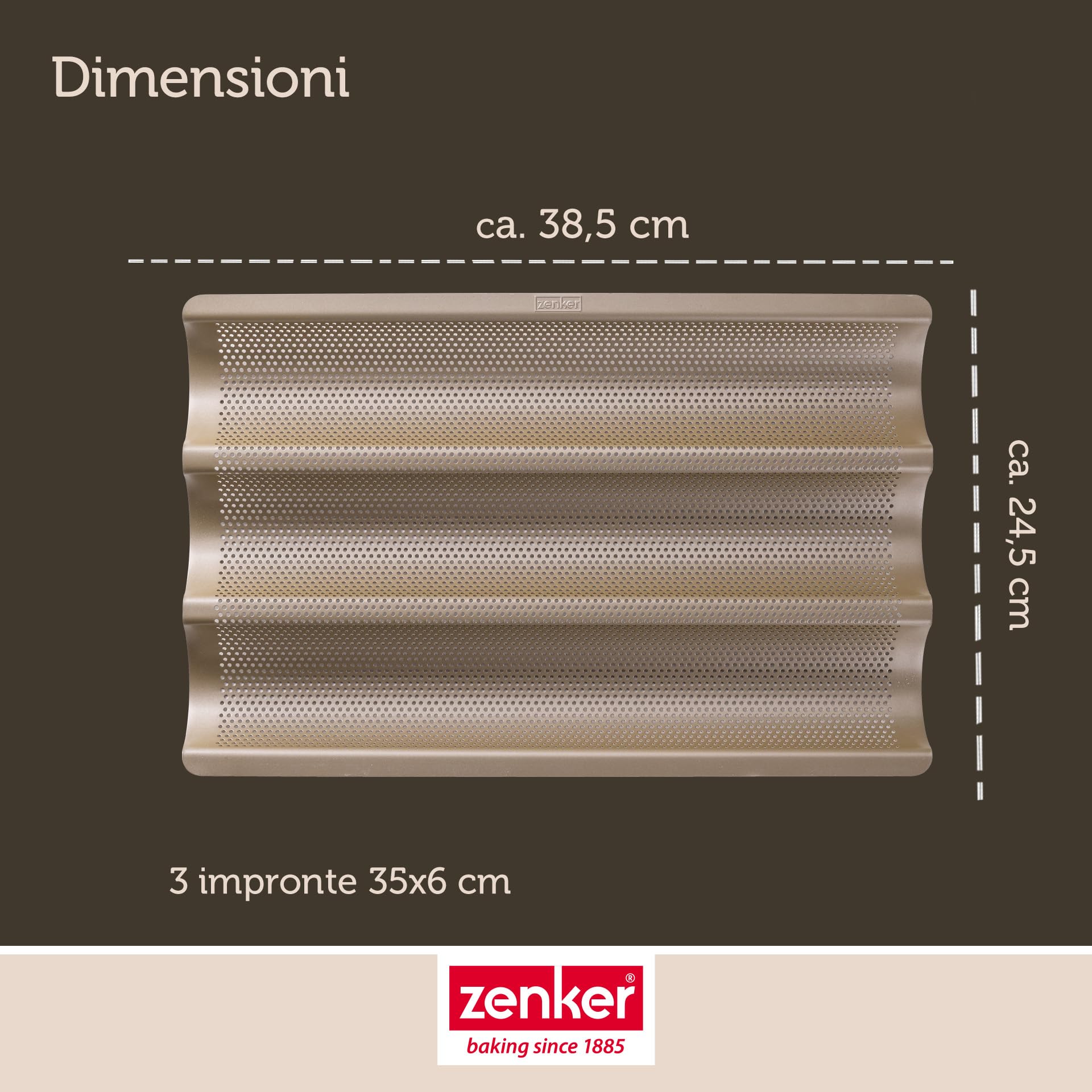 Zenker 3 teglie per baguette – Teglia perforata per baguette croccanti – Rivestimento antiaderente che impedisce l'incollaggio – Resistente al calore fino a +230°C, 38,5 x 25 x 3 cm