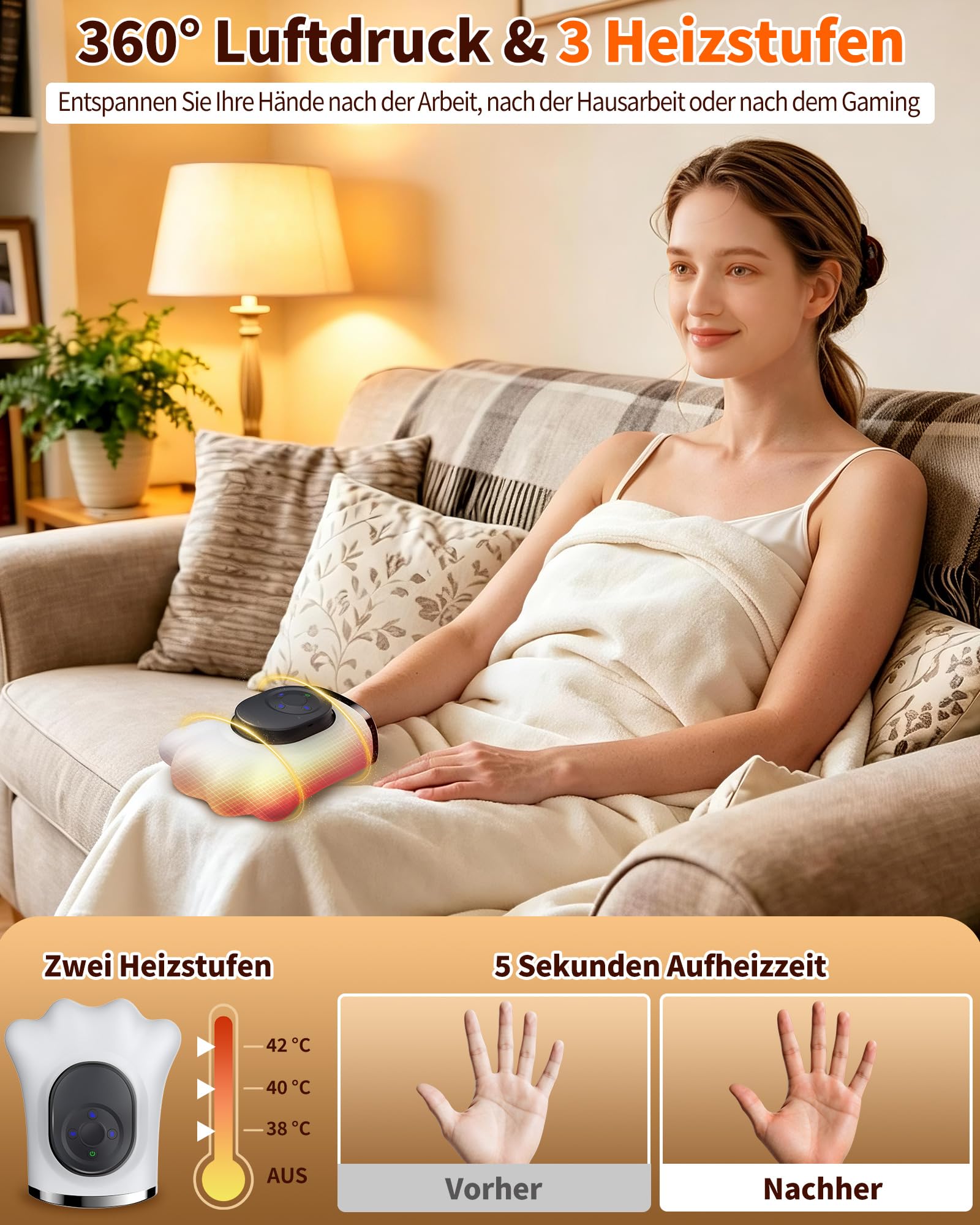 DECOHOME Handmassagegerät mit Wärme und Luftkompression, kabellos | 8 Luftkammern für Finger, Handfläche und Handgelenk, 3 Wärmestufen, 6 Programme, 3 Intensitäten und 15-Minuten-Timer