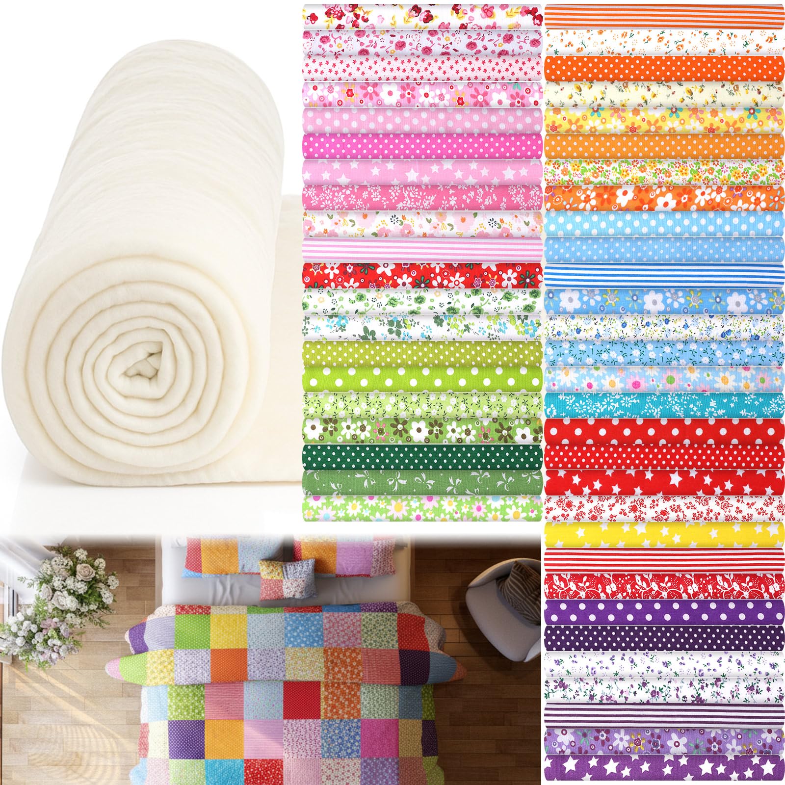 Peryiter 51 Pcs 8"x 8" 50 Cotton Fabric Square Pre Cut Quilting Bundle