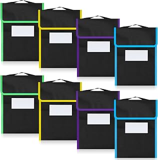 8 Pcs Large Book Pouches Nylon Fabric Book Bag with Stitched on Handle and Clear Name Tag Pocket Neon Color Trims Black Reading Bags for Classroom Kids Student Homework Reading Supplies 15 x 12 Inch