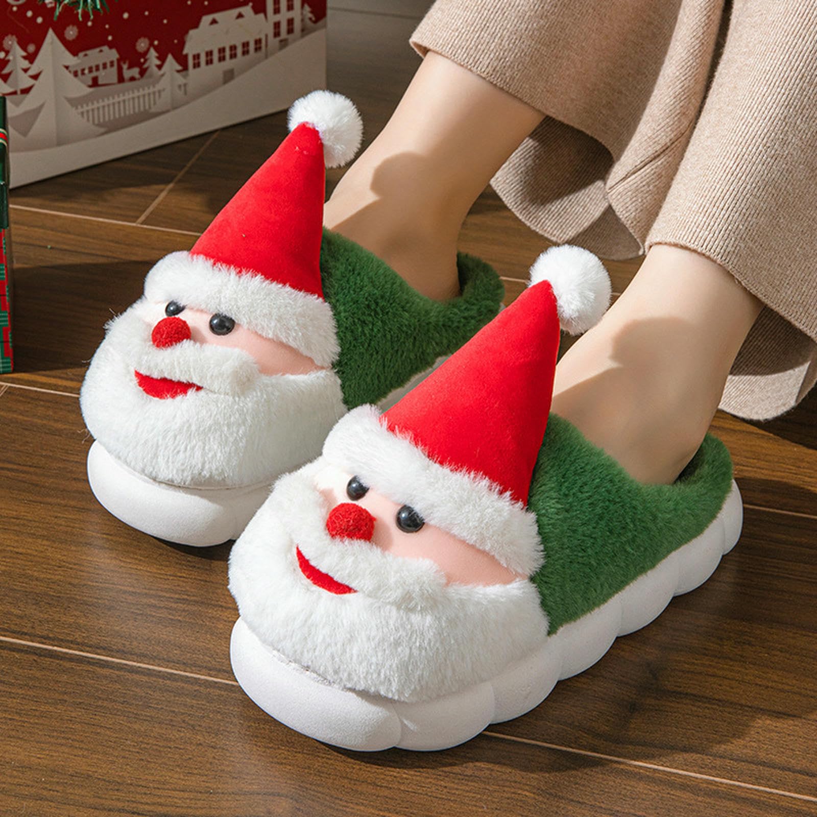 Pantofole Donna Calde di Babbo Natale da Donna, Scarpe Casa Comode E con Suola Spessa Antiscivolo-rosso-34-35