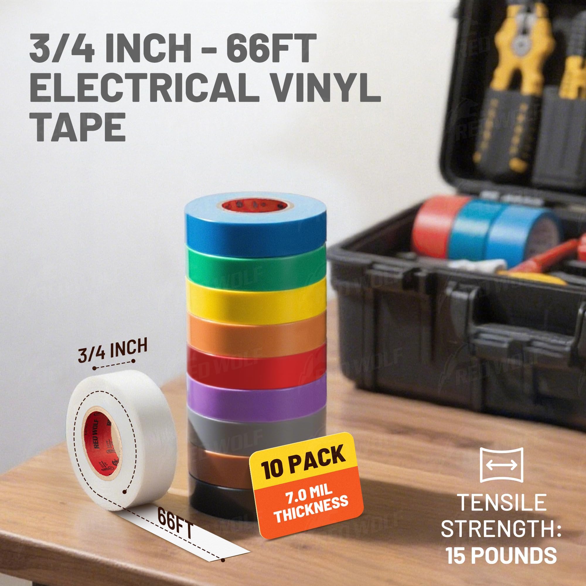RED WOLF Paquete de 10 cintas eléctricas de colores de 3/4 pulgadas x 66 pies, grado industrial, certificación UL/CSA, 7 mil de grosor, ignífuga, de alta temperatura, impermeable, cinta de PVC