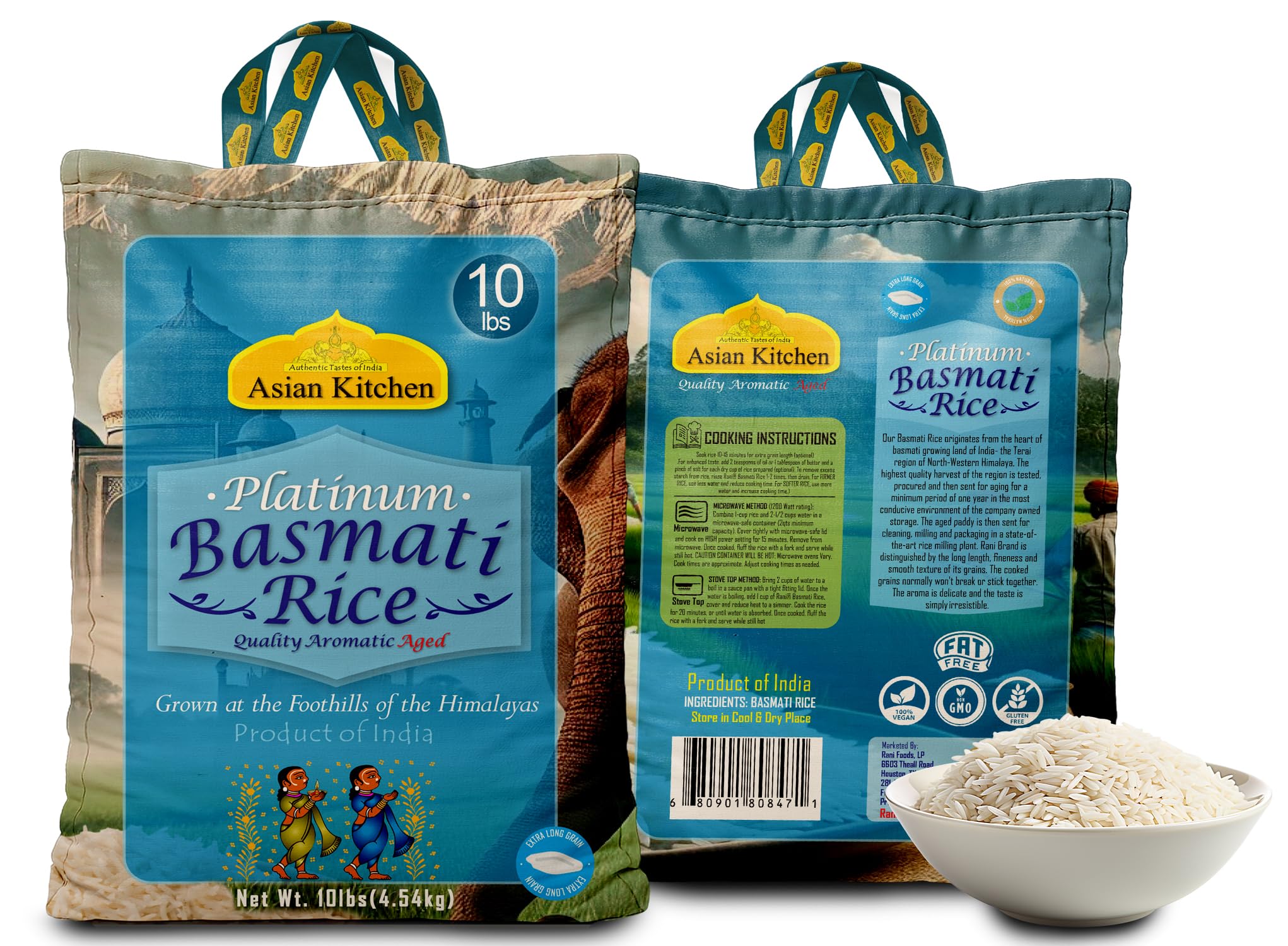 Asian Kitchen Platinum White Basmati Rice Extra Long Aged 10lbs (4.54kg) ~ All Natural | Gluten Friendly | Vegan | Indian Origin | Export Quality