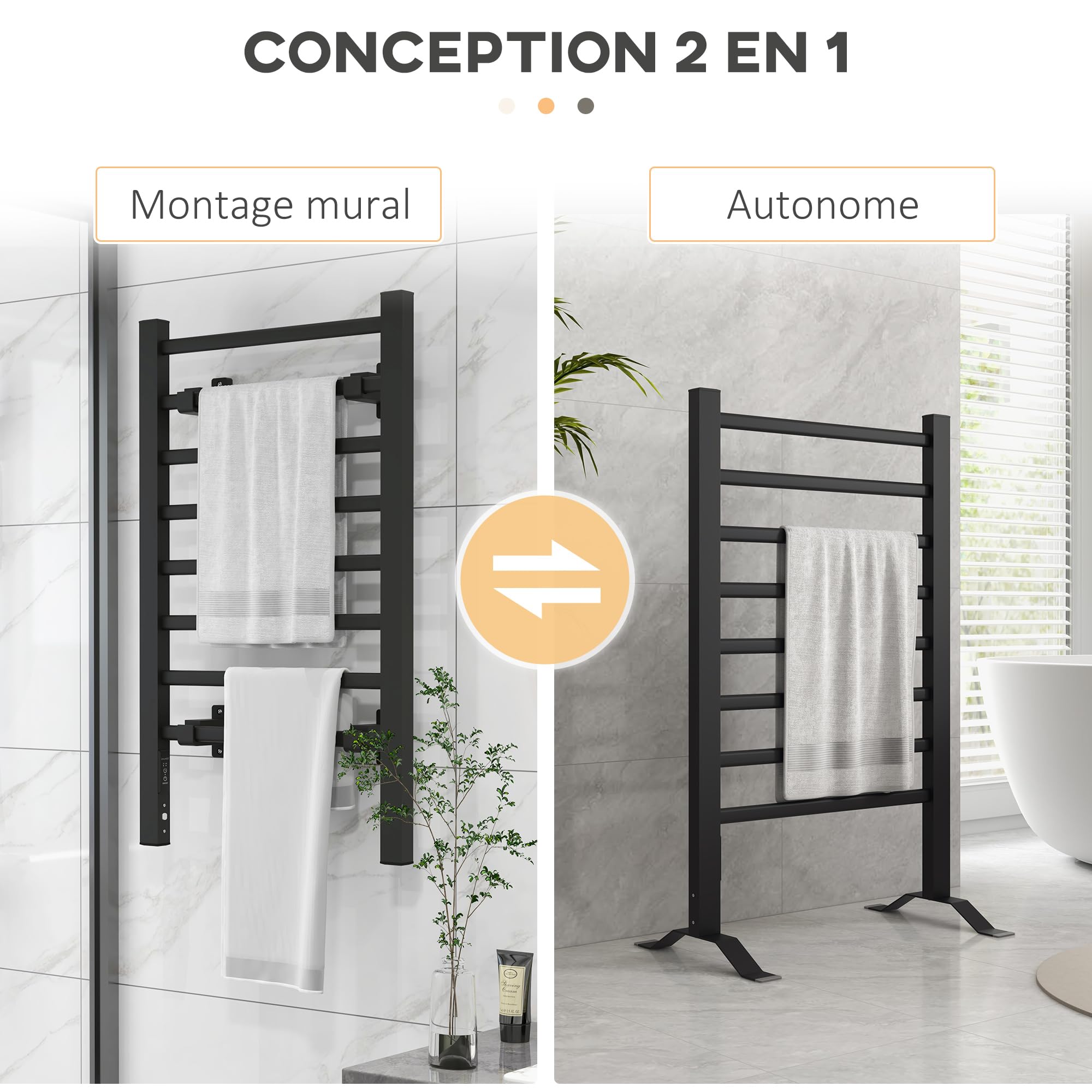 HOMCOM Sèche Serviettes électrique, radiateur Porte-Serviettes, Mural ou sur Pied, en Alliage d'aluminium avec 8 Barres, minuterie 2 ou 4 Heures, résistant à l'eau, 150W, 53 x 35 x 90 cm, Noir