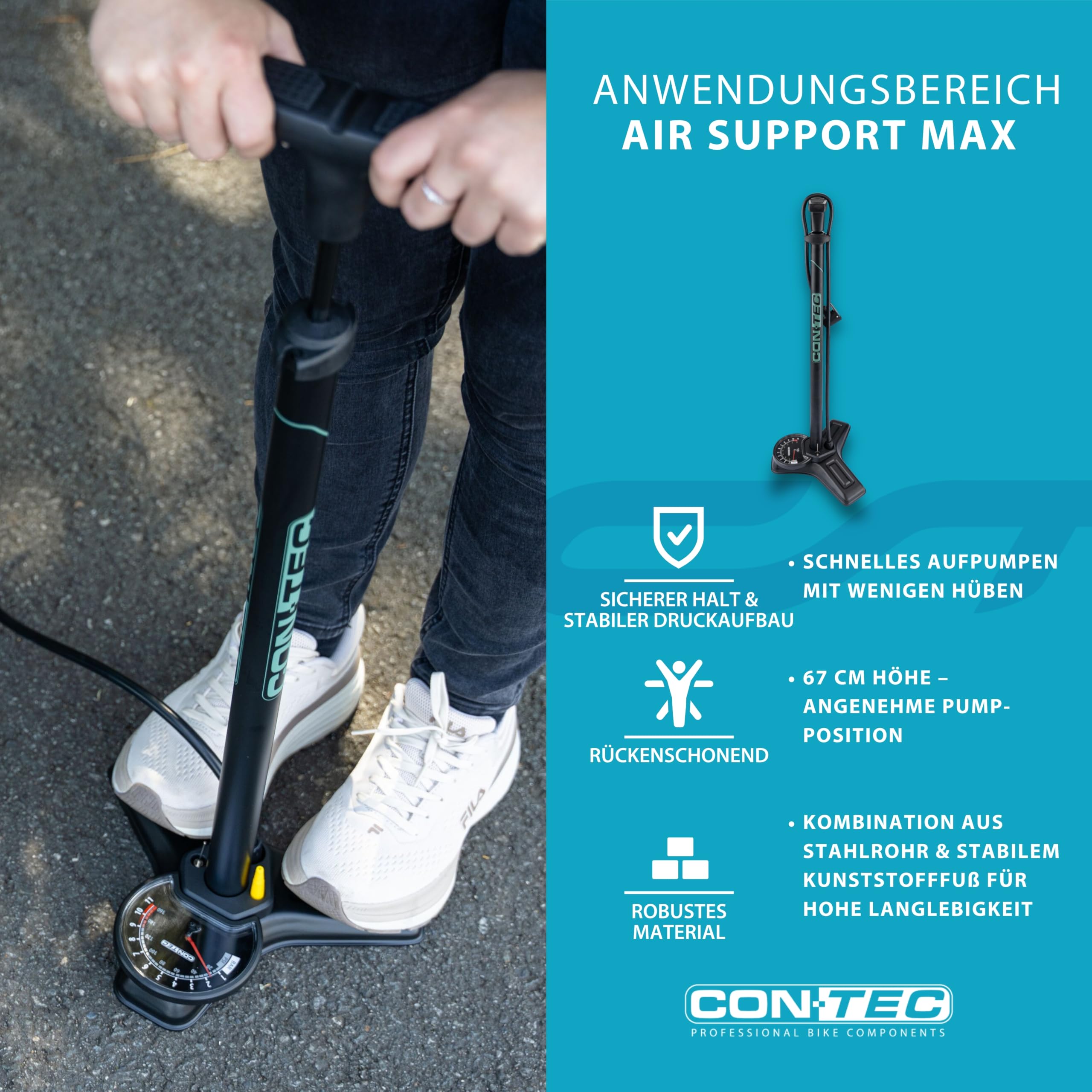 CONTEC Standpumpe Air Support Max, 67 cm, aus Stahl und Kunststoff, 11 bar/160 psi, für alle Ventile, inkl Ball- & Matratzenadapter, 1 Stück, schwarz/sage Green