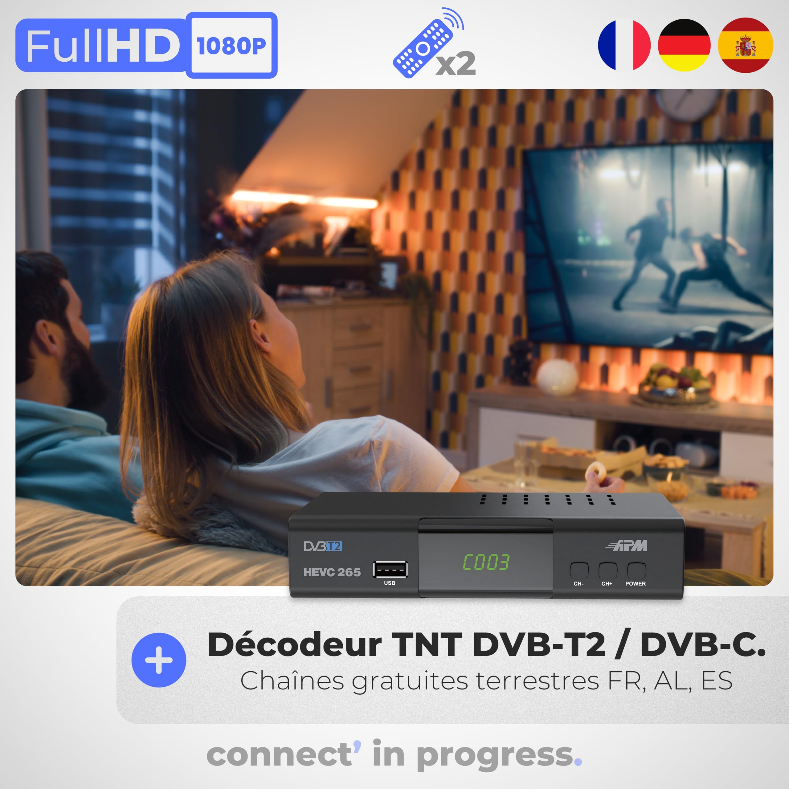 APM Décodeur TNT Full HD 1080p H.265 HEVC DVB-T2 DVB-C HDMI Péritel USB Coax