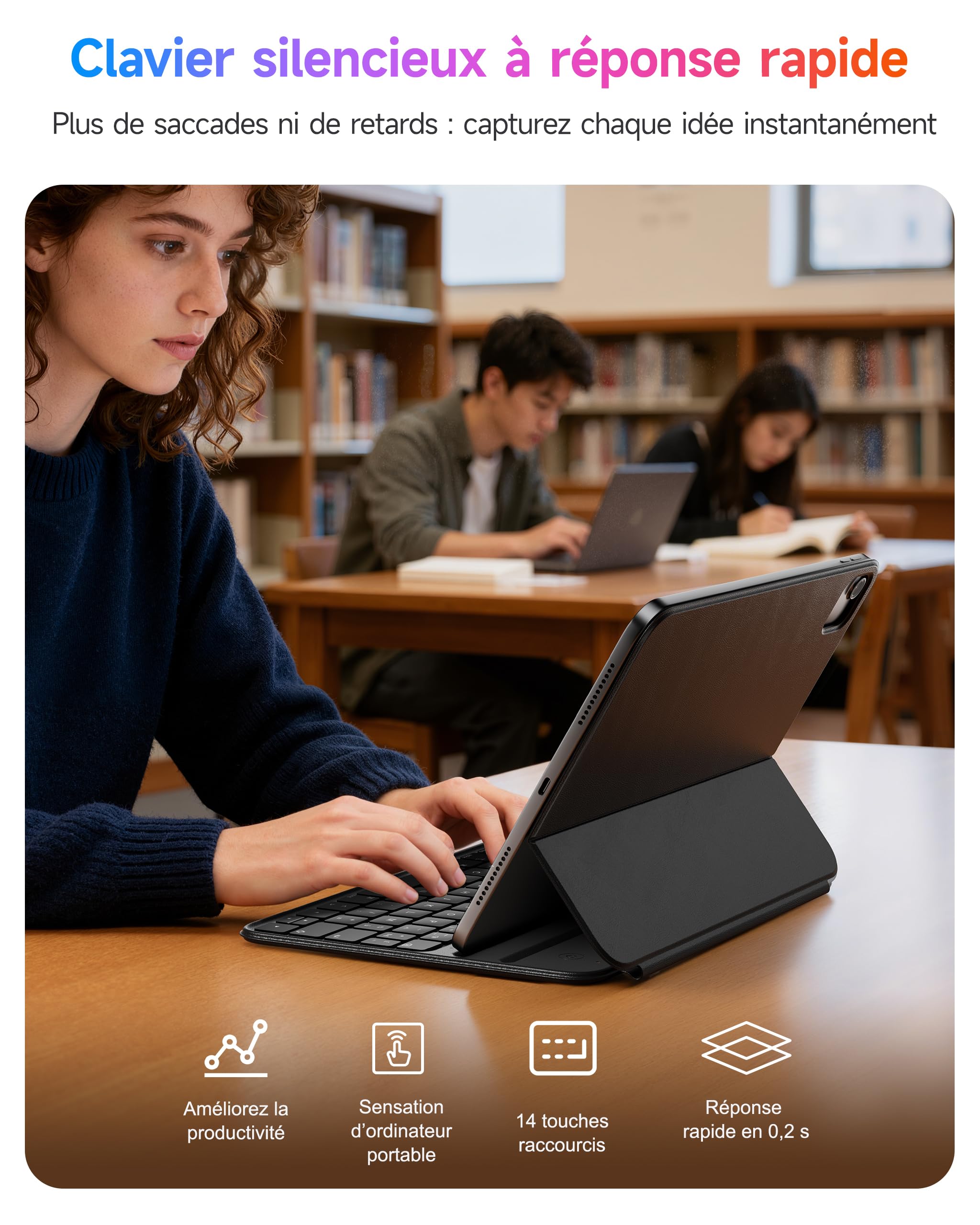 HOU Étui Clavier Compatible avec iPad Pro 11" 1ᵉʳ/2ᵉ/3ᵉ/4ᵉ génération,iPad Air 11 Pouces M4/M3/M2 & Air 5e/4e génération, Deux Angles de Soutien, Ergonomique, AZERTY, en Similicuir, Noir