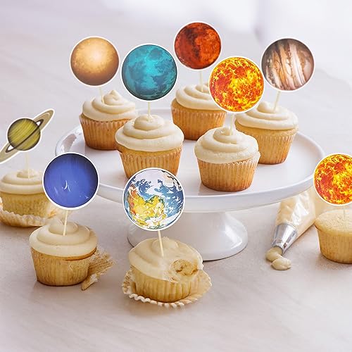 Miniatura 8 de Gyufise 40 piezas de decoración para cupcakes del espacio exterior, planeta, cohete, nave espacial, viaje a la luna, estrella para cupcakes, sistema
