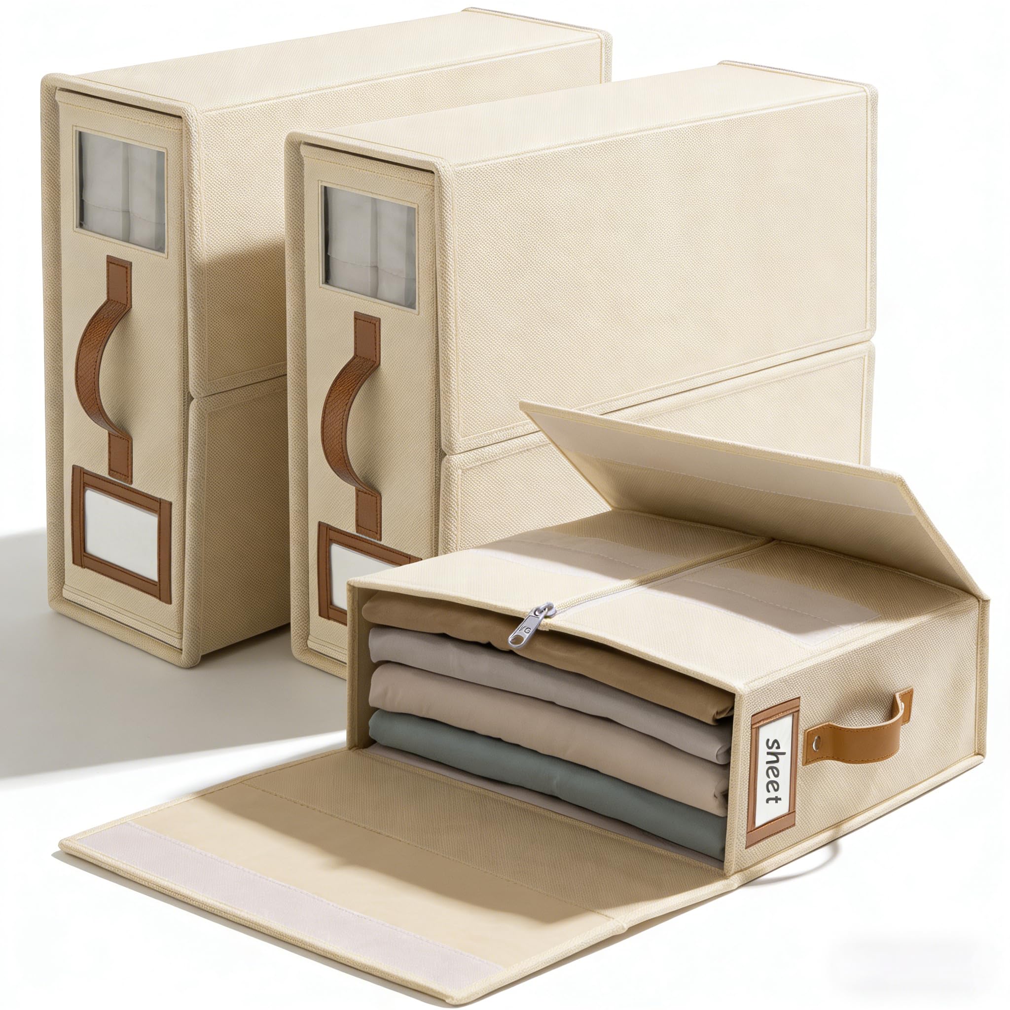 SwartLife 3er Set Bettwäsche Organizer Box - Faltbare Aufbewahrungsbox Bettwäsche mit Sichtfenster & Etikett, Atmungsaktiver Schrank-Organizer für Laken, Decken & Kissenbezüge