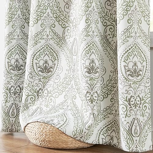 Miniatura 6 de JINCHAN - 2 cortinas 100% opacas de 84 pulgadas de largo, con patrón de damasco con medallones de color verde salvia, ojales y aislamiento térmico,