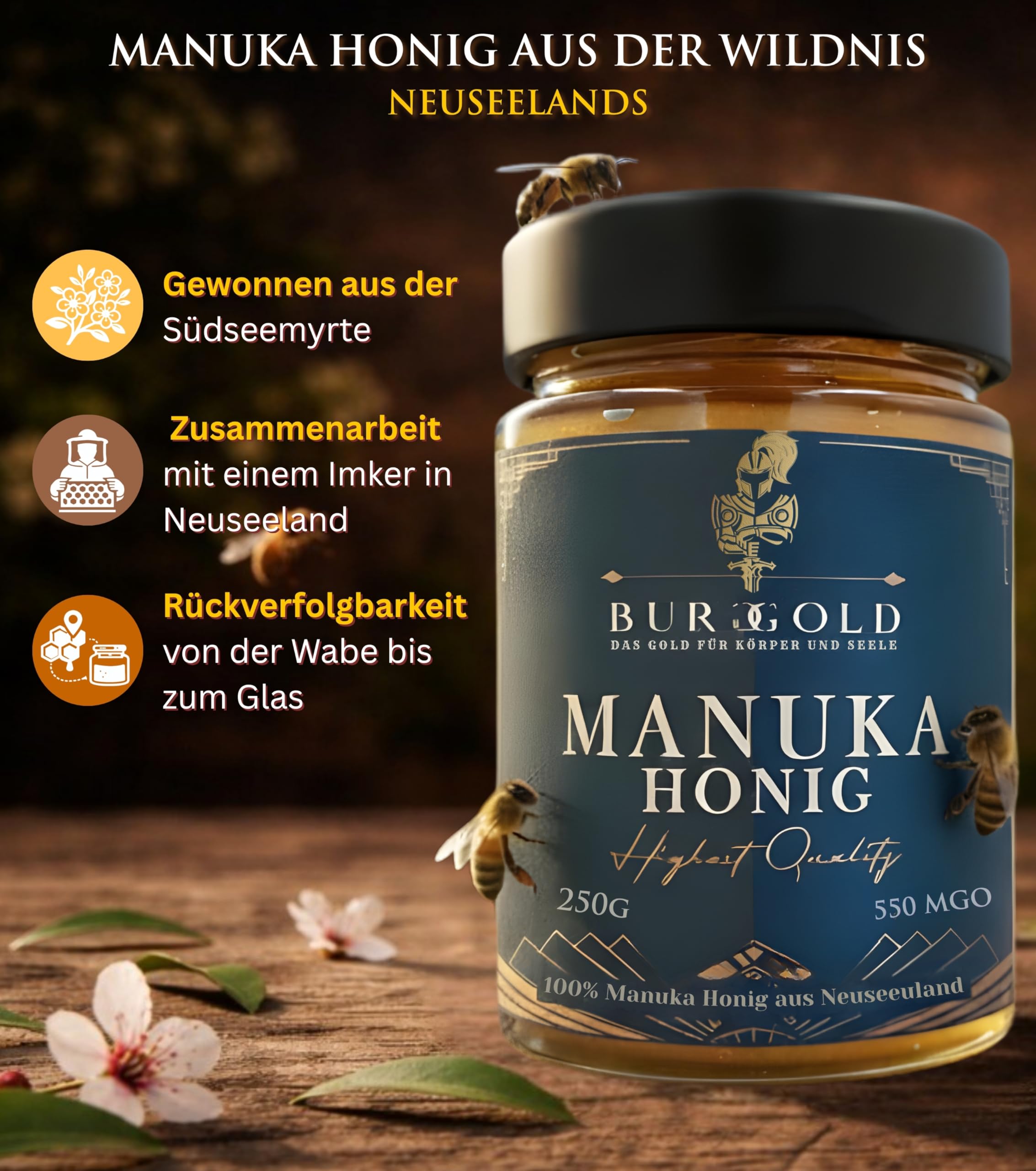Burggold Manuka Honig 550 MGO+ im Glas (250g) (100% reiner Premium Honig aus Neuseeland mit zertifiziertem Methylglyoxal Gehalt, laborgeprüft, vakuumversiegelt, ohne Zusätze)