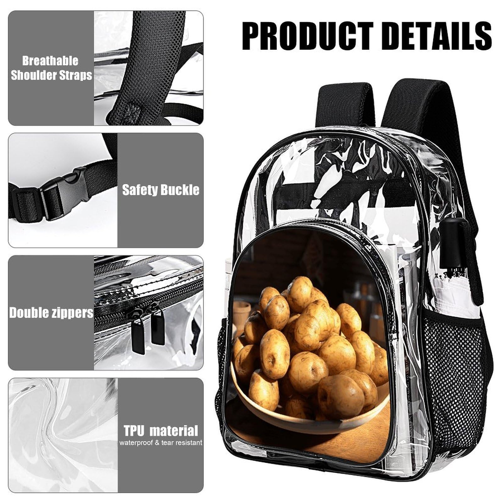 Zaino trasparente con patate secche, grande, in PVC, trasparente, per sicurezza, lavoro, viaggi, stadio