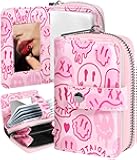 Bistup Credit Card Holder Wallet for Women Ladies Cute Small Teen Girls Female Rfid Leather Cardholder Wallets Organizer Purse Smile Girly Aesthetic Print Unique Zipper