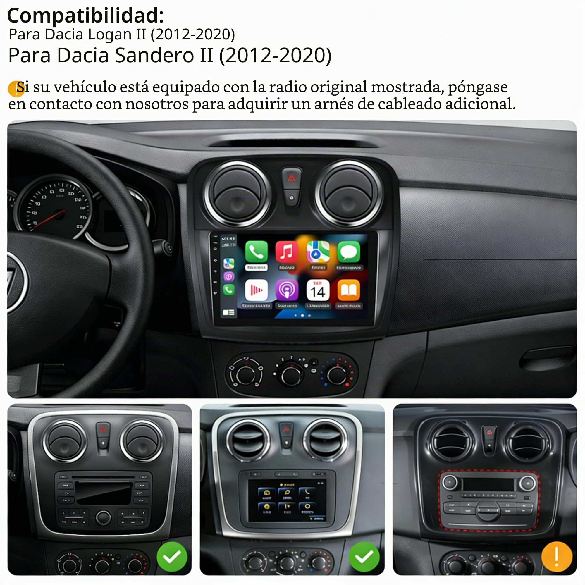 4+64GB 9" Pantalla Radio para Renault Dacia SANDERO II B52 2012-2019 | Wireless Carplay Android Auto, 9" IPS Touch Screen Android Radio Coche con Bluetooth 5.0/GPS/Cámara de Marcha Atrás/FM/WiFi