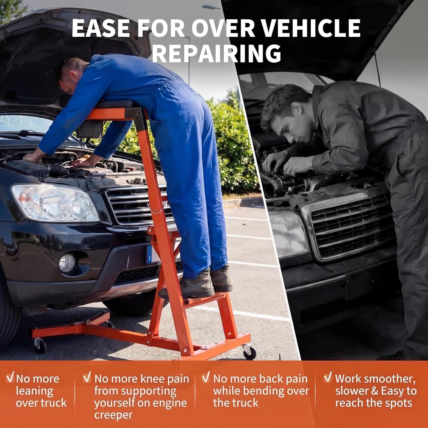 GarveeTech Topside Automotive Creeper for Trucks 49" - 76",Over Engine Creeper Heavy Duty 400 LBS Capacity Foldable Automotive Creeper for Jeeps/Pickups Orange