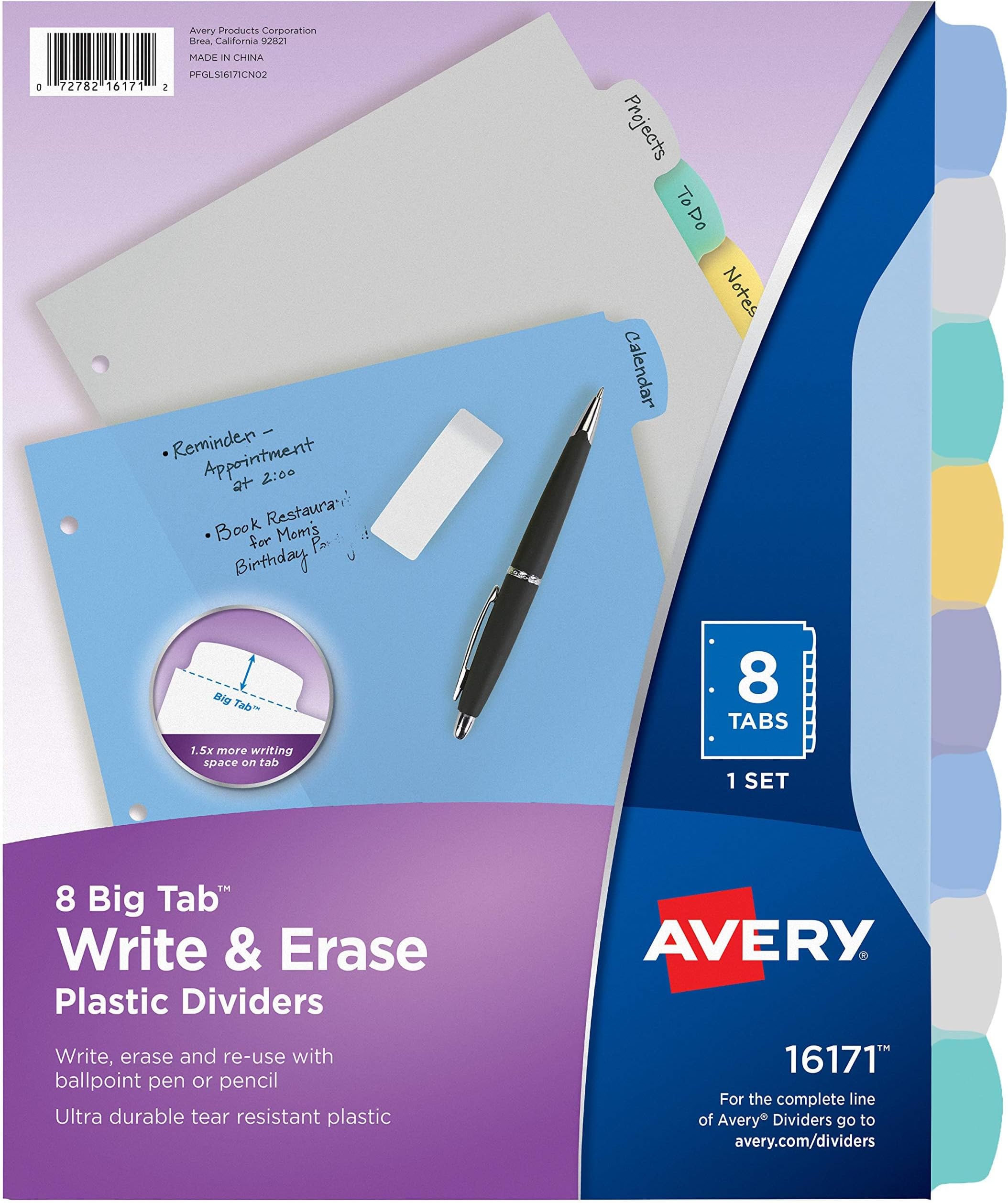 Durable Write-On Plastic Dividers with Erasable Tabs,11" x 8 1/2", Multicolor, 8 Tabs