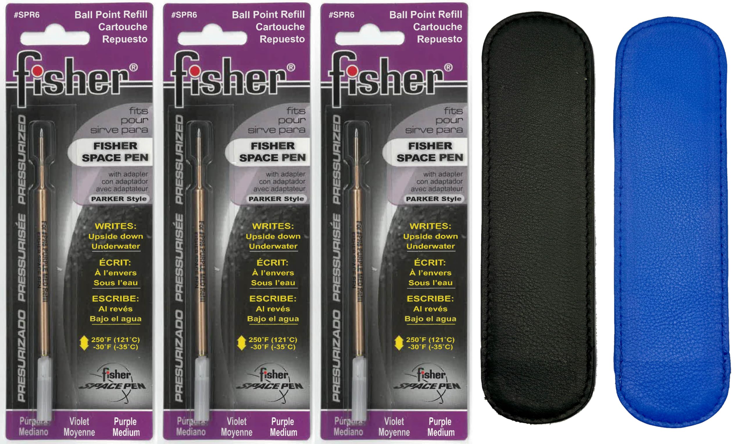 Pack of 3 Fisher Space Pen Medium Point Ink Refills with a Free LPC DIRECT Leather Pen Pouch (Purple)