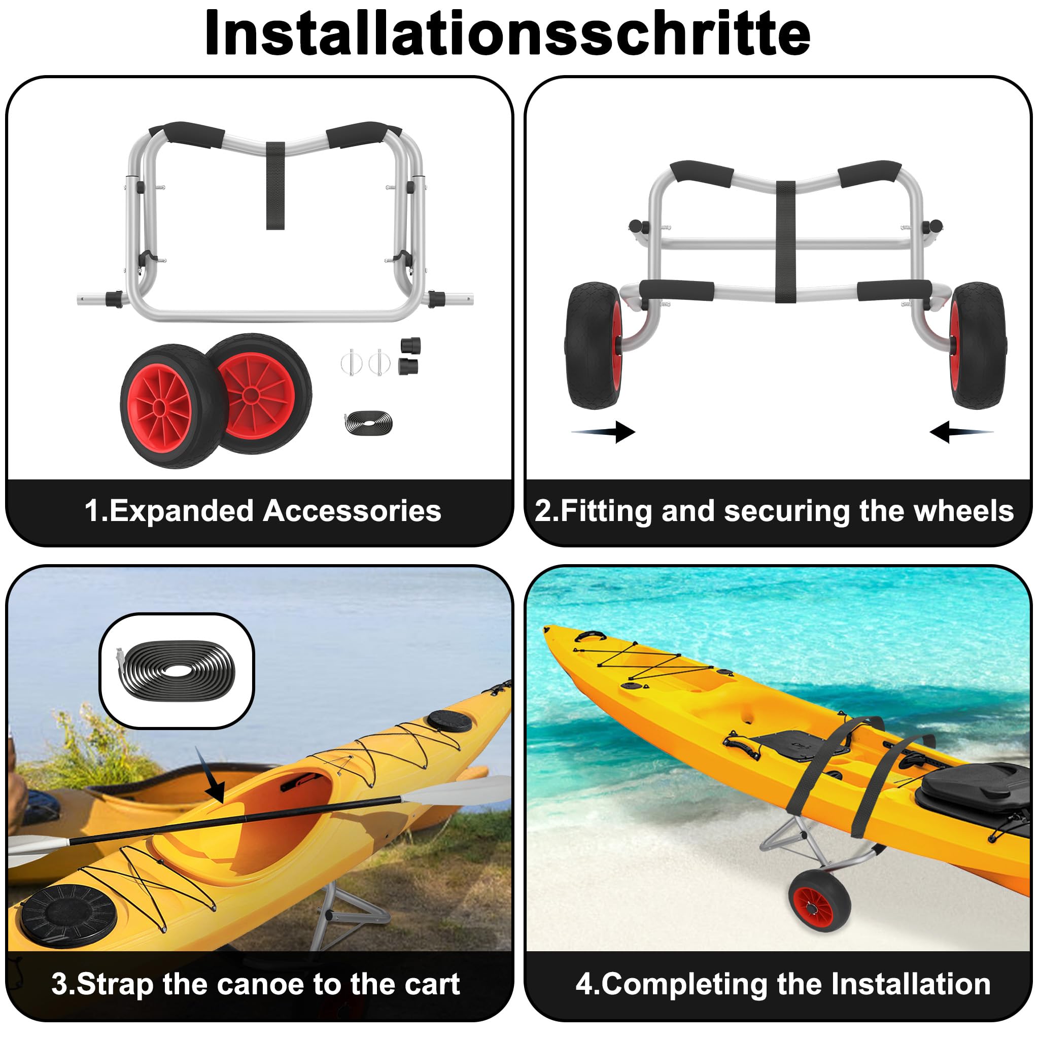 AufuN Kajakwagen bis 100KG, Faltbarer Alu Bootswagen Kanuwagen Transportwagen mit 2 PU-Räder & Spannriemen Surfwagen Bootstrailer für Schlauchboot Kanu Kaja, Paddleboards, Jon-Booten