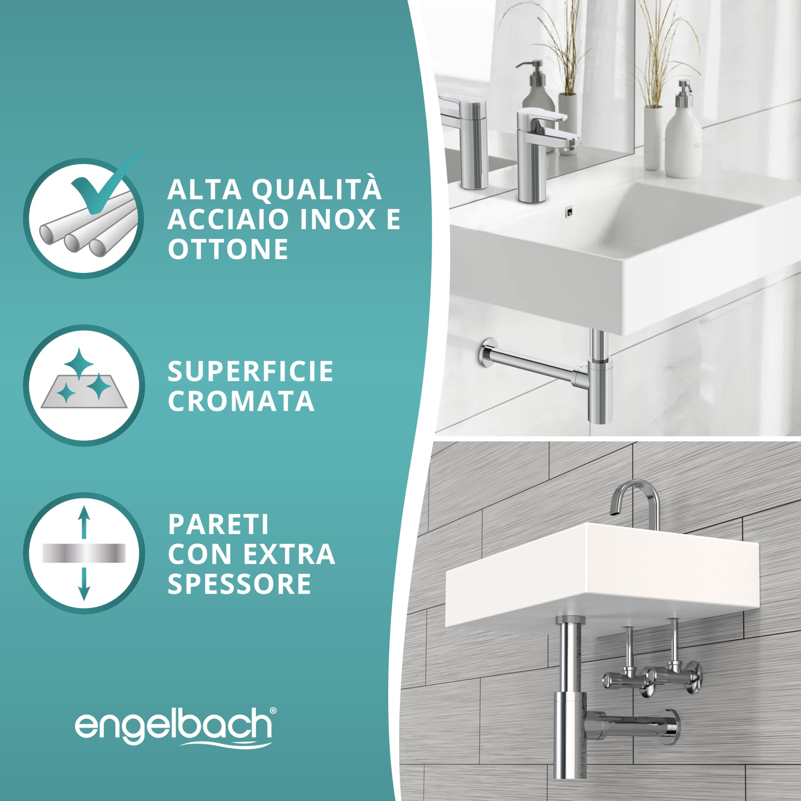 Engelbach® Sifone lavabo bagno con apertura per la pulizia - Tubo di scarico universale 1 1/4" con manicotto in gomma - Antiodore con istruzioni incluse