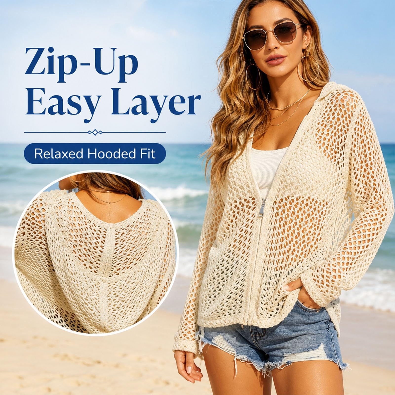 Cardigan Uncinetto Donna Con Cappuccio E Zip, Copricostume Mare Leggero | Resistente e di facile manutenzione | Stile da spiaggia multistrato | Modello a maniche lunghe