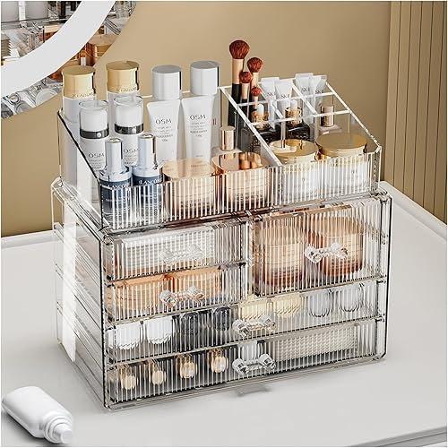 Organizador de maquillaje transparente con cajones acrílicos, organizador de maquillaje ideal para tocador o tocador con cajones de almacenamiento