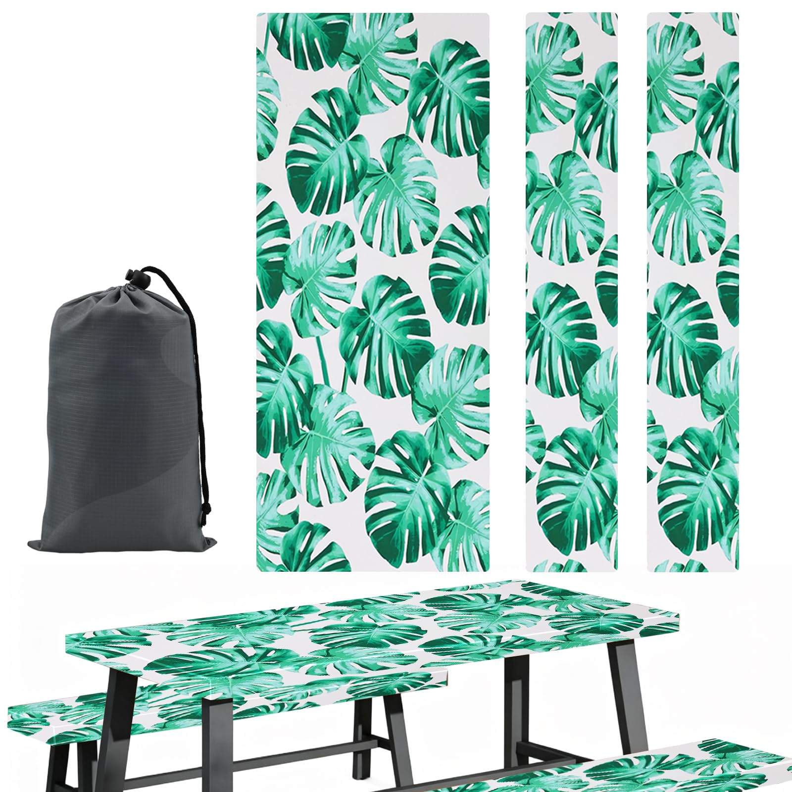 Bpyhebe A 3Pcs Picnic Table Cover Protector, Waterproof Windproof Print Camping Tablecloth With Bench Covers 2 Seater Nd Drawstring Bag, Elastic Edge Polyester Fitted 182×76 Cm Rectangle Tables(A)