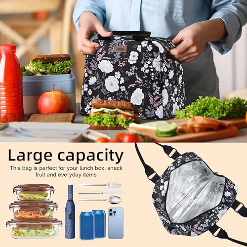 Miniatura 6 de PBRO Lonchera térmica para mujeres, bolsa de almuerzo grande reutilizable con cinturón de hombro ajustable, lindas flores de peonía, bolsa portátil