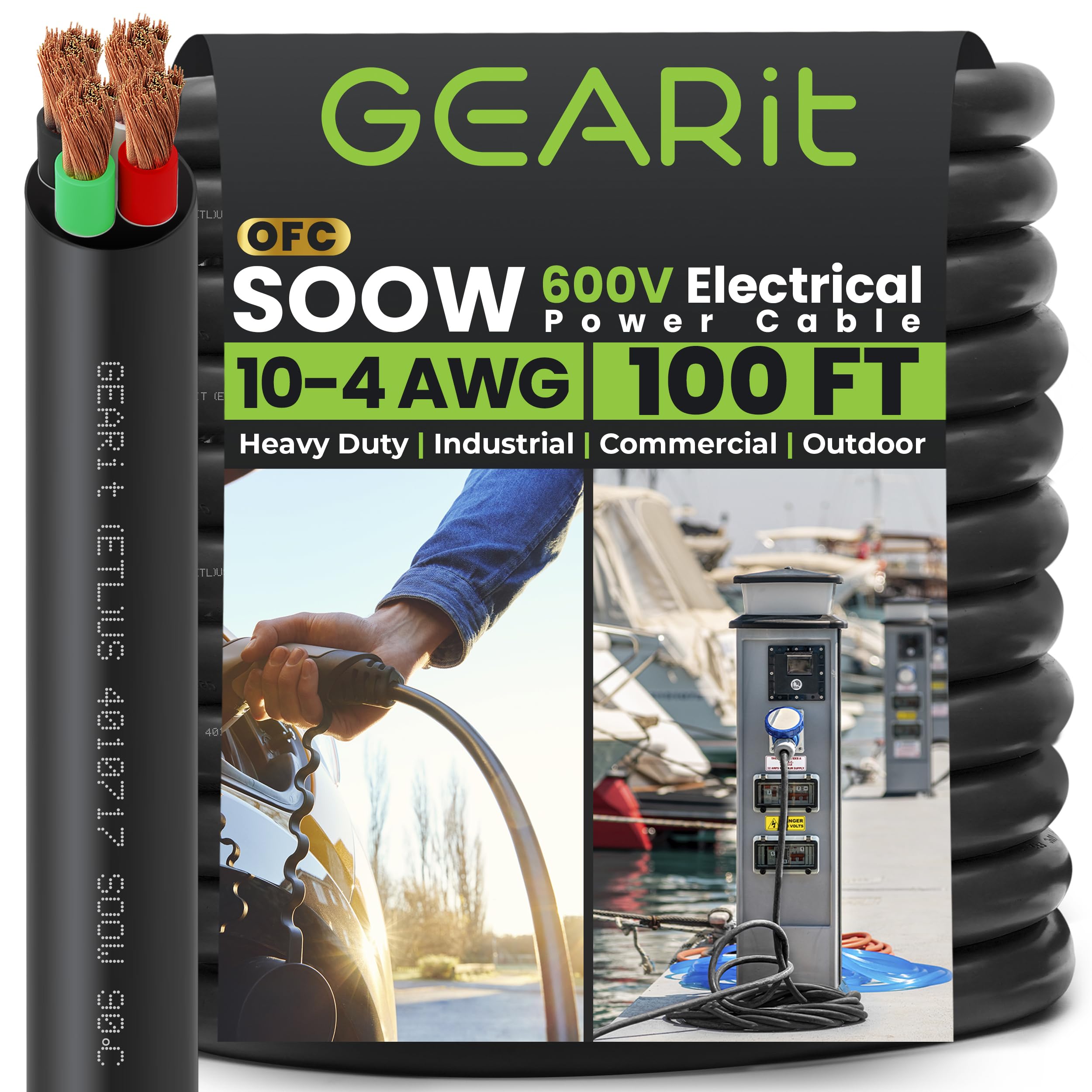 GEARit 100 ft SOOW Portable Power Cable 10/4 Gauge, 10 AWG 4-Conductor 600V Electrical Wire, Flexible Rubber Cord for Generators, Motors, Welder