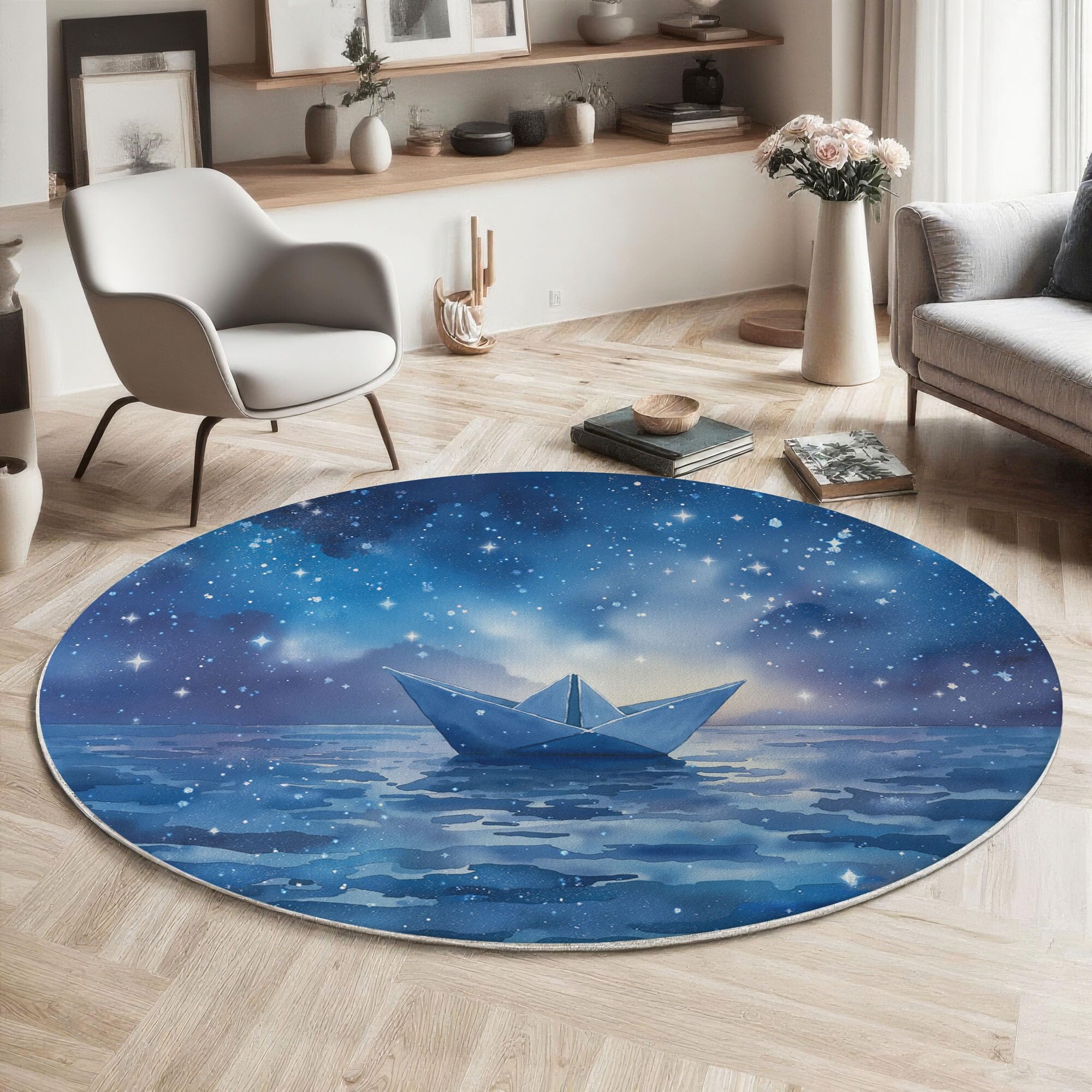 Tapis Rond Bleu Foncé Aquarelle Ciel Étoilé Lavable Antidérapant