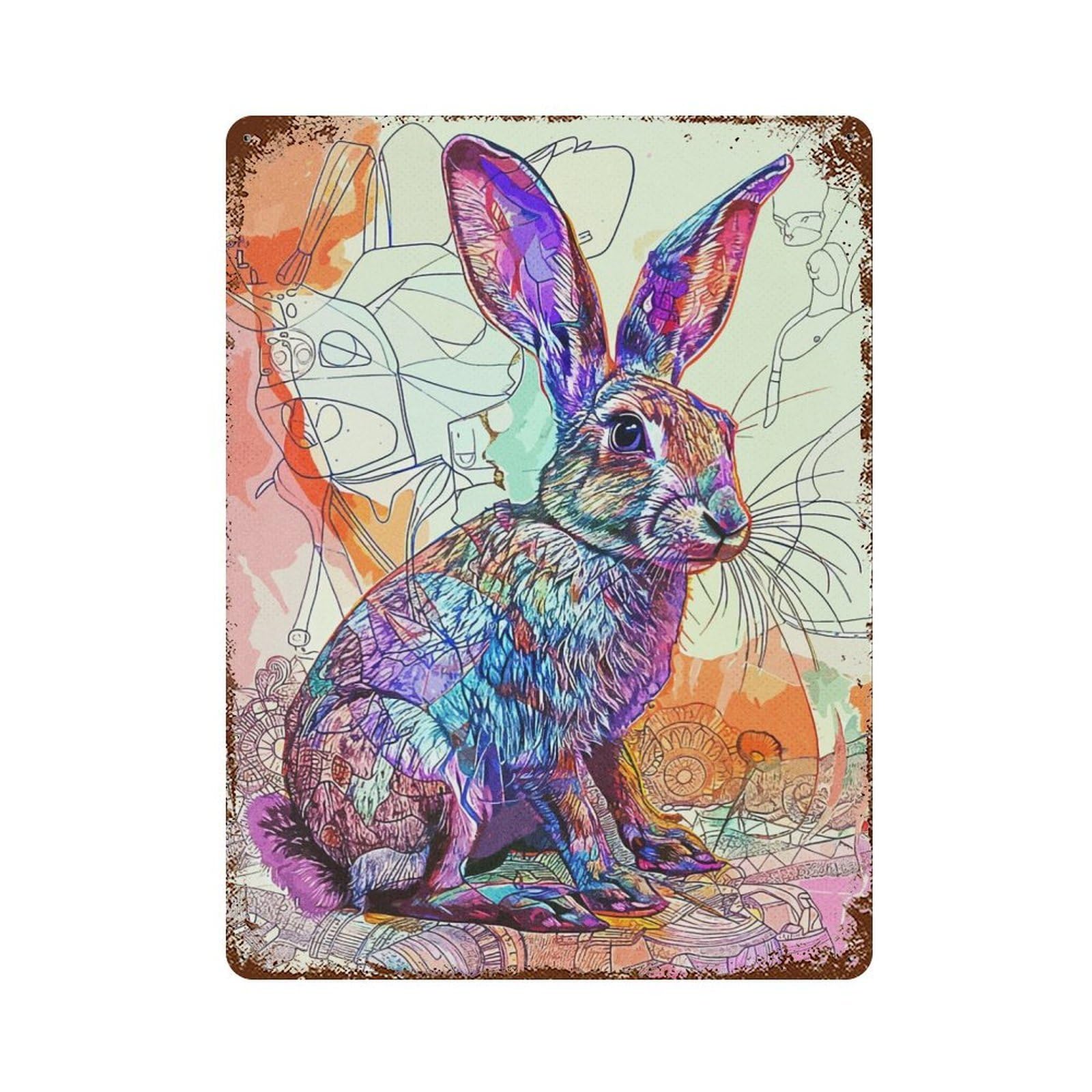 Rusty Metal Tin Sign with Rabbit Art Design 15.7"x11.8", for Shed, Workshop And Garage Wall Decor, Classic Wall Plaque