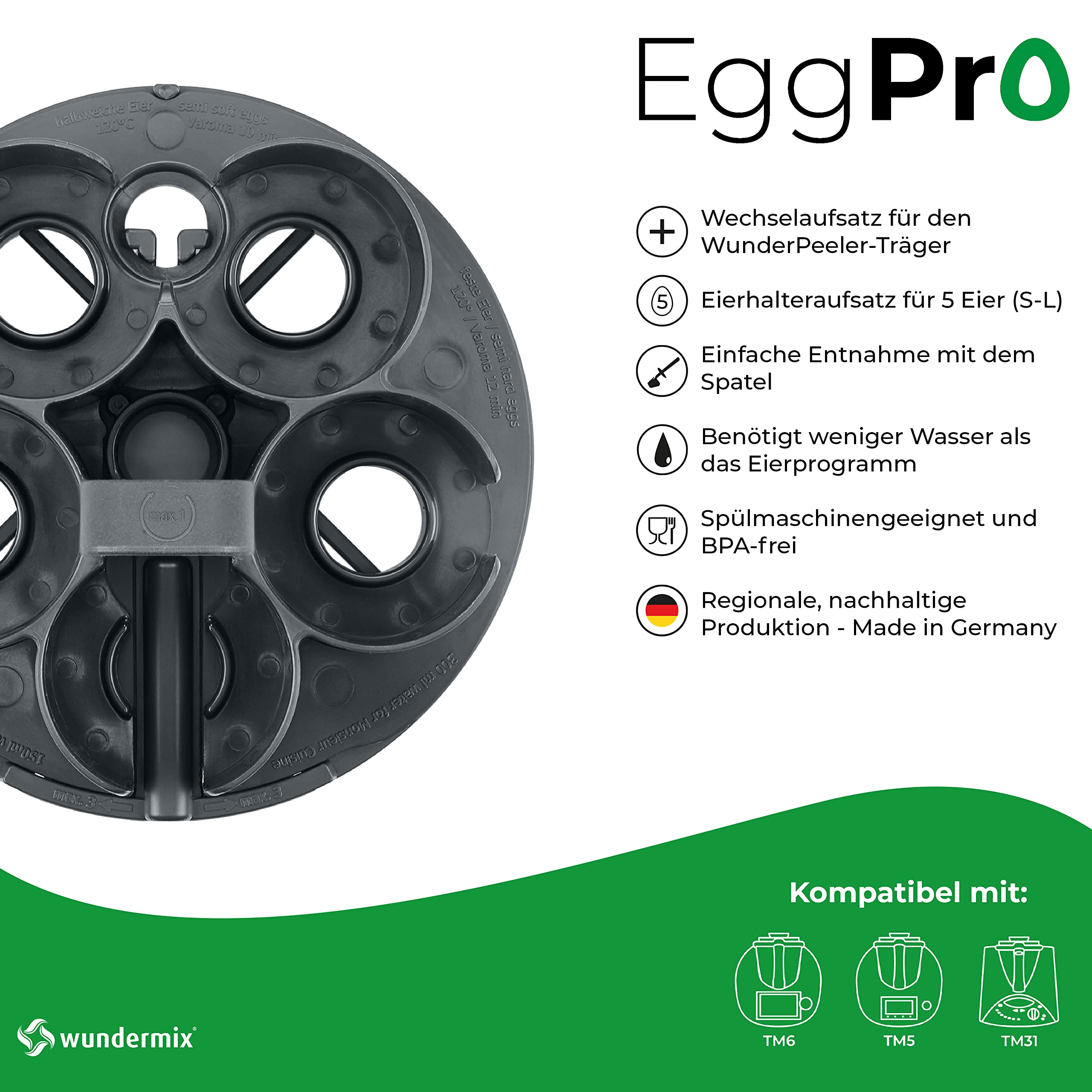 Wundermix - EggPro (incl. support) • Accessoire Porte-œufs pour Thermomix TM6, TM5, TM31 • Porte-œufs pour cuire jusqu'à 5 œufs (taille S-L) • Accessoire pour cuire des œufs