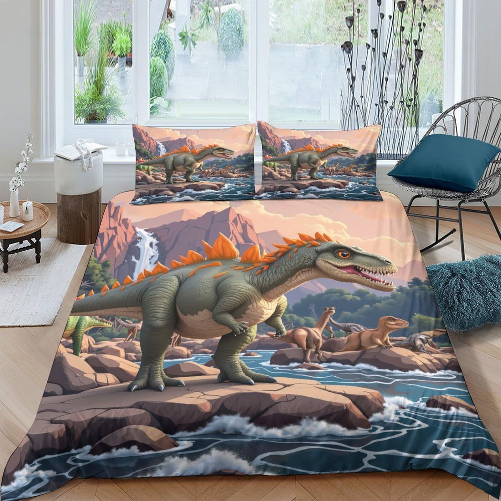 Ctjqhvkz Style-4 3D Printed Dinosaur Landscape Fitted Sheet Microfiber Soft Breathable Jurassic Bed Cover For Bedroom Guest Room Kids Decor Single（135X200cm）