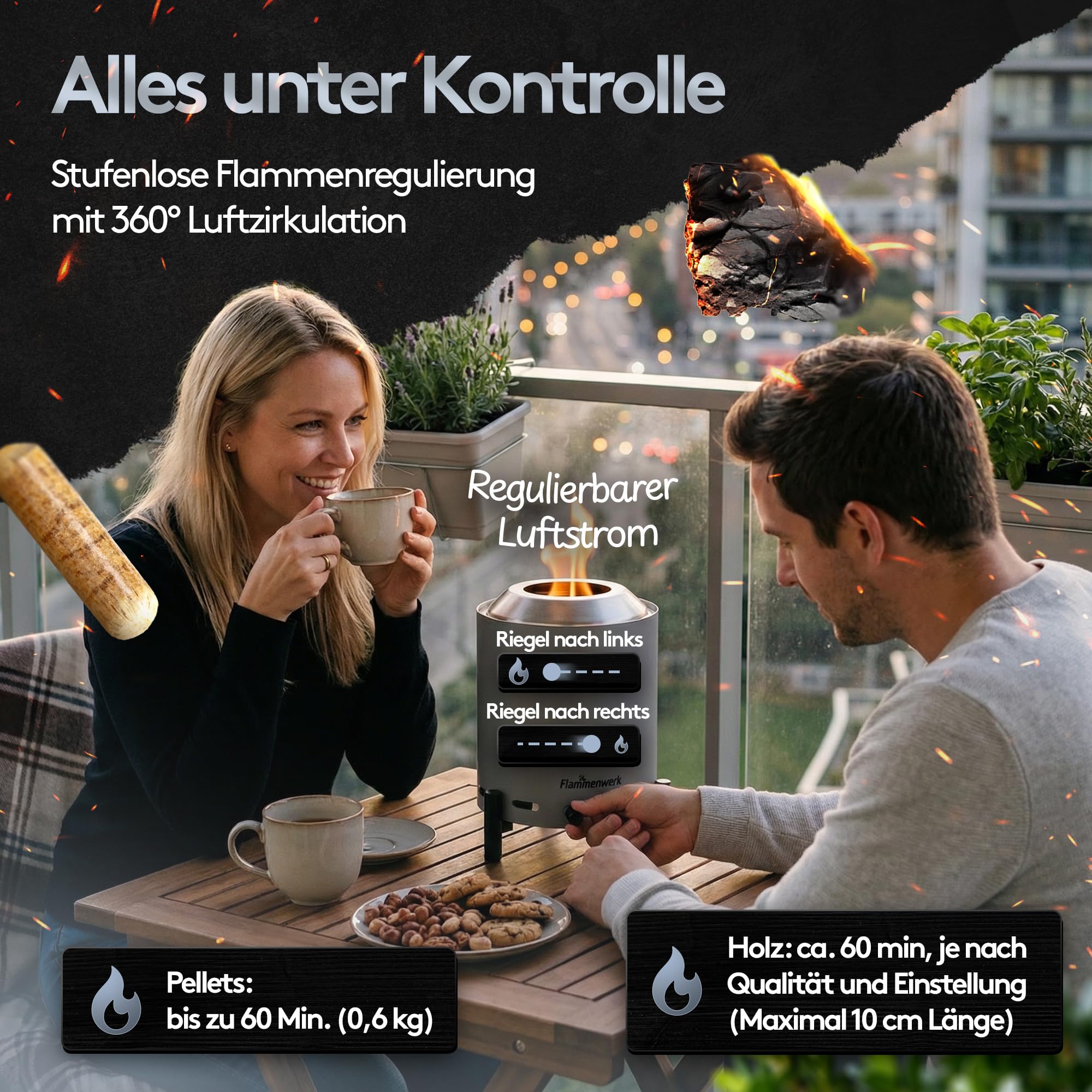 Raucharmes Tischfeuer, Tischkamin Outdoor für Pellets & Holz – Outdoor-Tischfeuer 360° Luftregulierung, Doppelwandiges Edelstahl & Tragetasche – Perfekt für Balkon, Terrasse & Camping