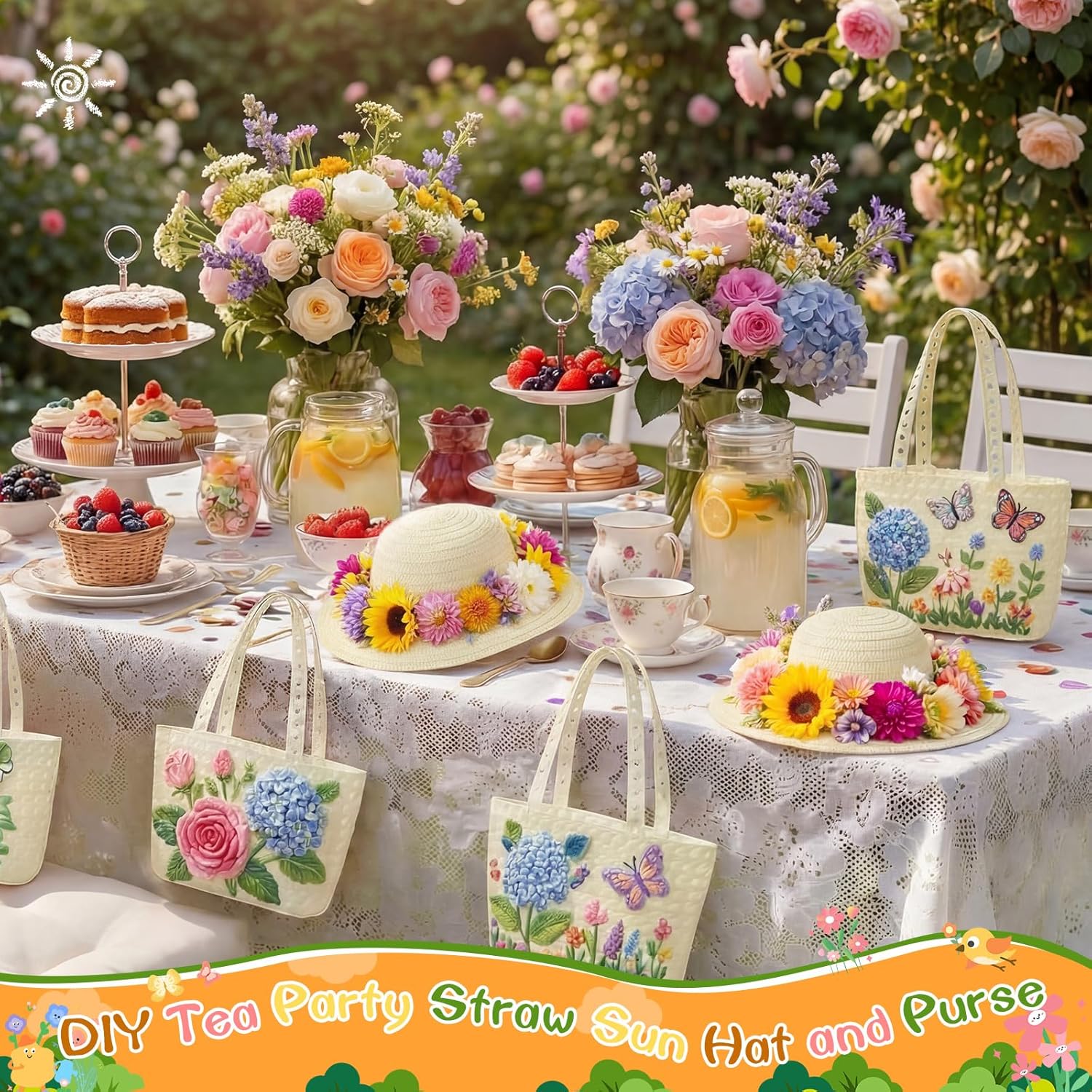 Mepase 12 Sets DIY Straw Hat with Handbag Tea Party Hat and Purse for Kids Girls Beach Summer Cap Birthday Party Travel Gift