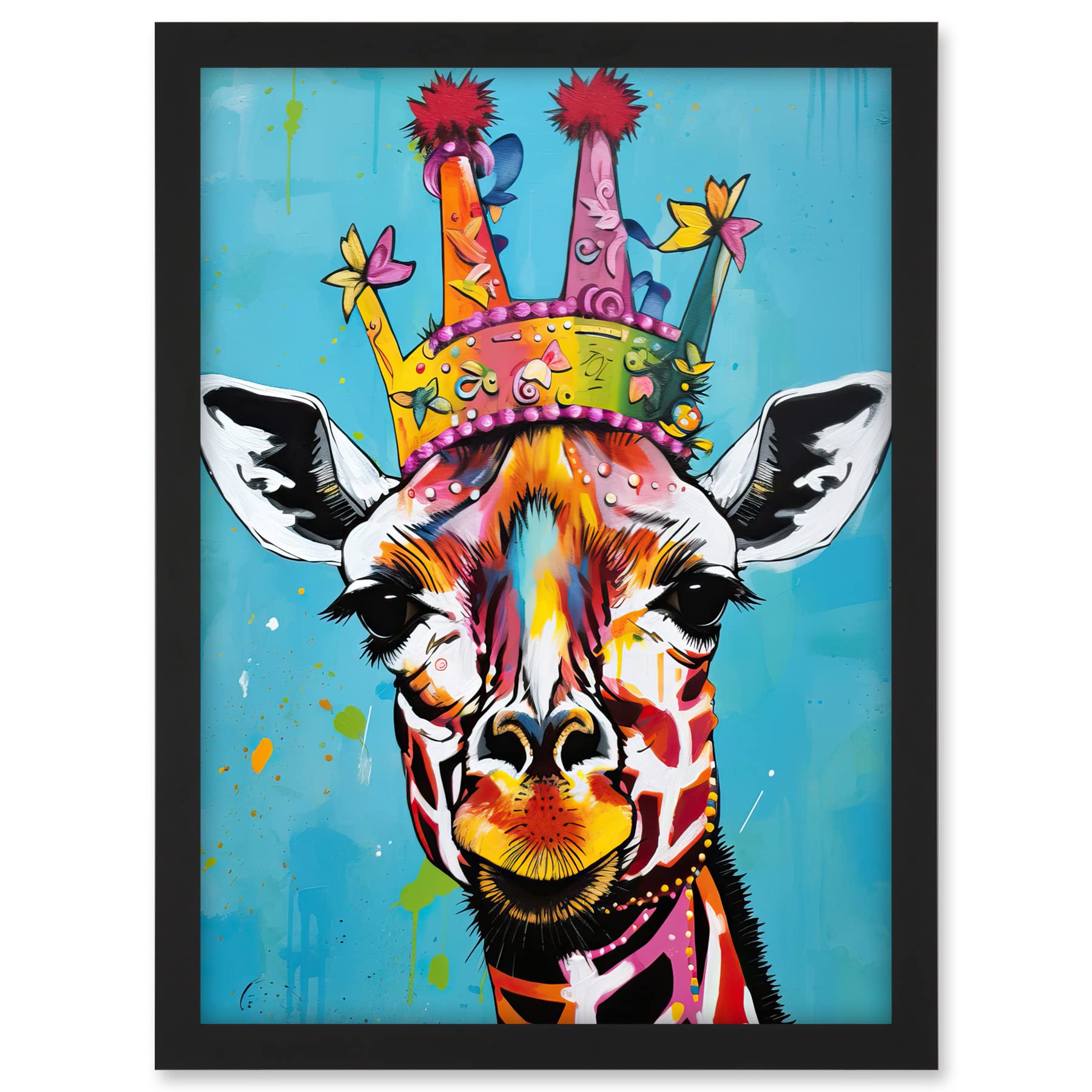 Artery8 Giraffe Wearing Princess Crown Modern Folk Art Artwork Framed A3 Wall Art Print