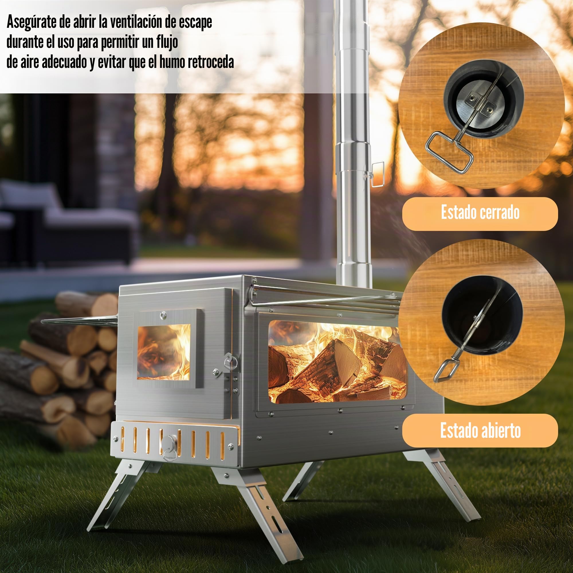 UNHO Estufa de Leña Portátil para Tienda de Campaña: Estufa Plegable con Chimenea, 7 Tubos de Acero Inoxidable, 2 Ventanas de Vidrio Resistente al Fuego, para Cocinar y Calentar Al Aire Libre
