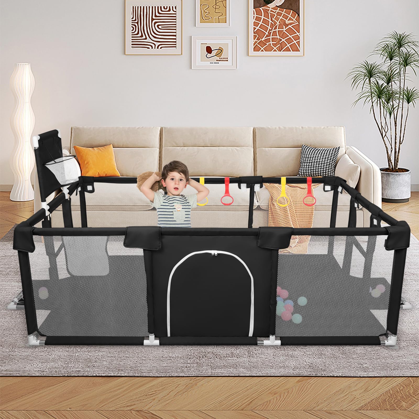 OHMG Parc Bébé,180 * 120cm,d'Activité pour Enfants avec Base,Modulable,Pliable,Grand parc pour enfant en bas âge Avec Porte Zippée,50 Balles,Basketball Rack,4 Ventouses (180 * 120 * 66cm-Noir)