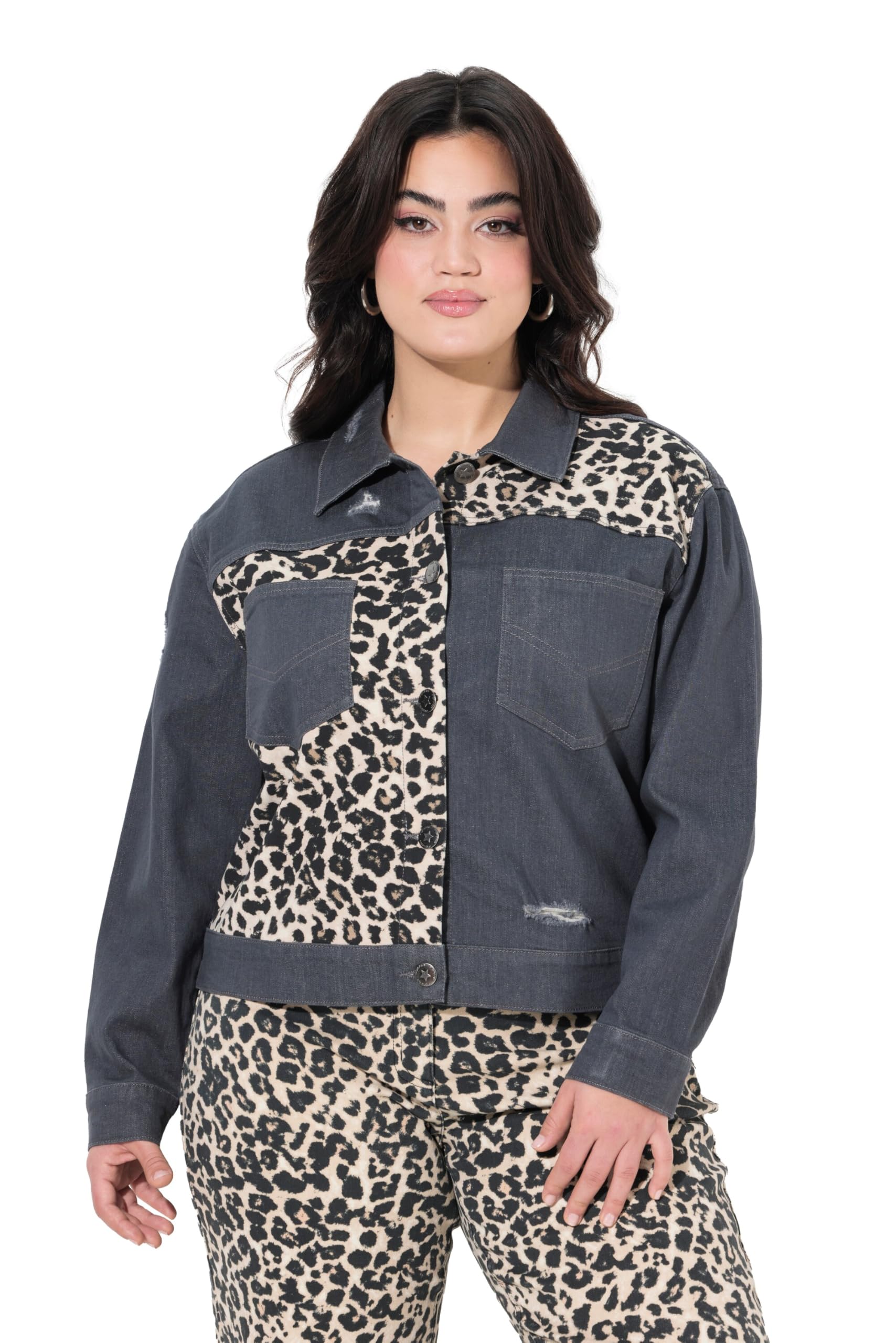 Angel of Style Damen große Größen Übergrößen Plus Size Jeansjacke, Oversized, Leo-Einsätze, Destroys 839591