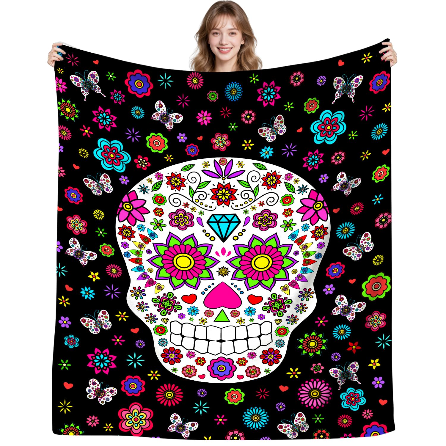 DUNTNKS Unique Skull Blanket Gifts for Women Men Girls Boys All Seasons Soft Flower Skull Plush Throws Blanket for Couch Sofa Bed Office Christmas Halloween Brithday Best Gifts 50"X40"INCH