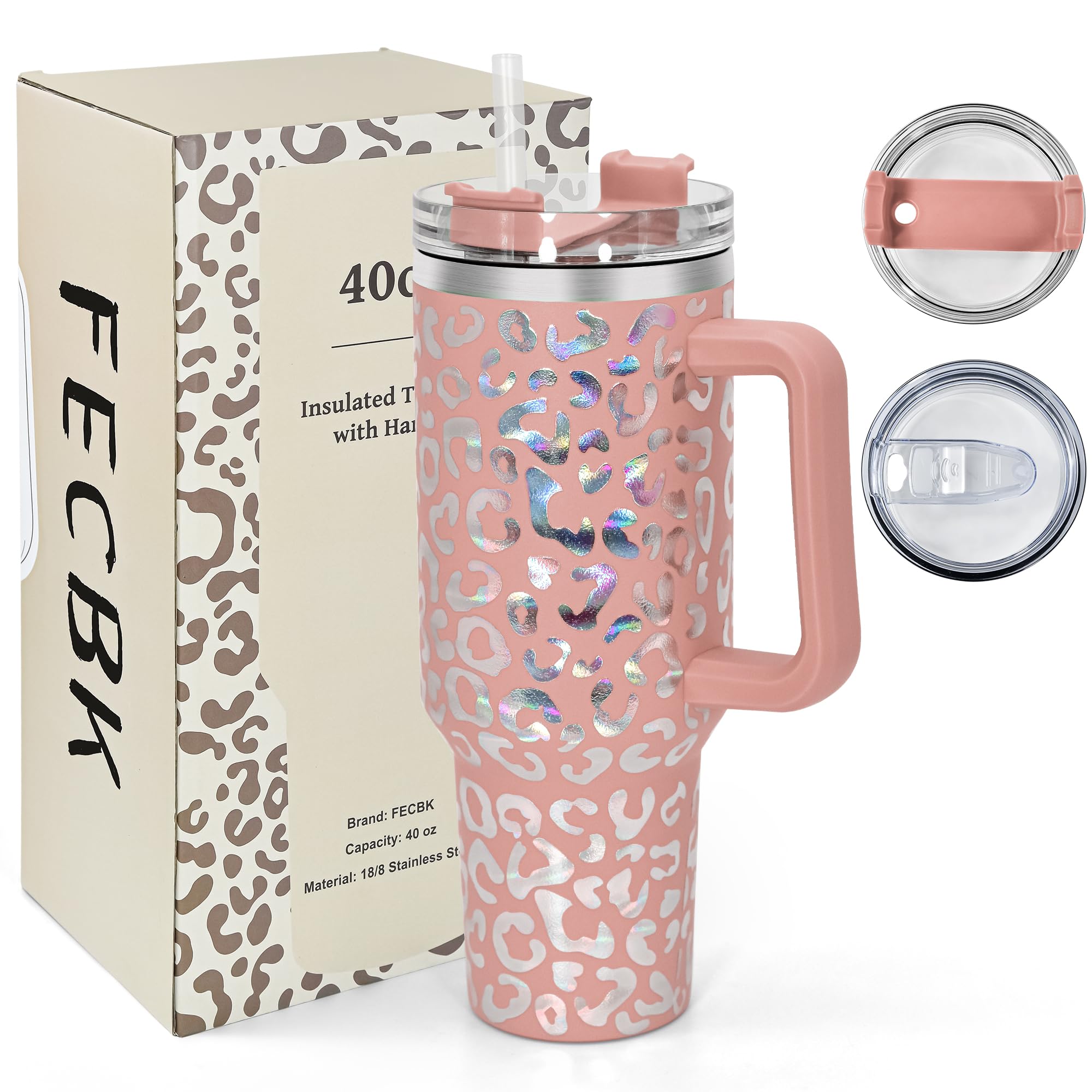 FECBK 40oz Tumbler with Straw and Lid 1.2L, 100% Leak-Proof Travel Mug with Handle
