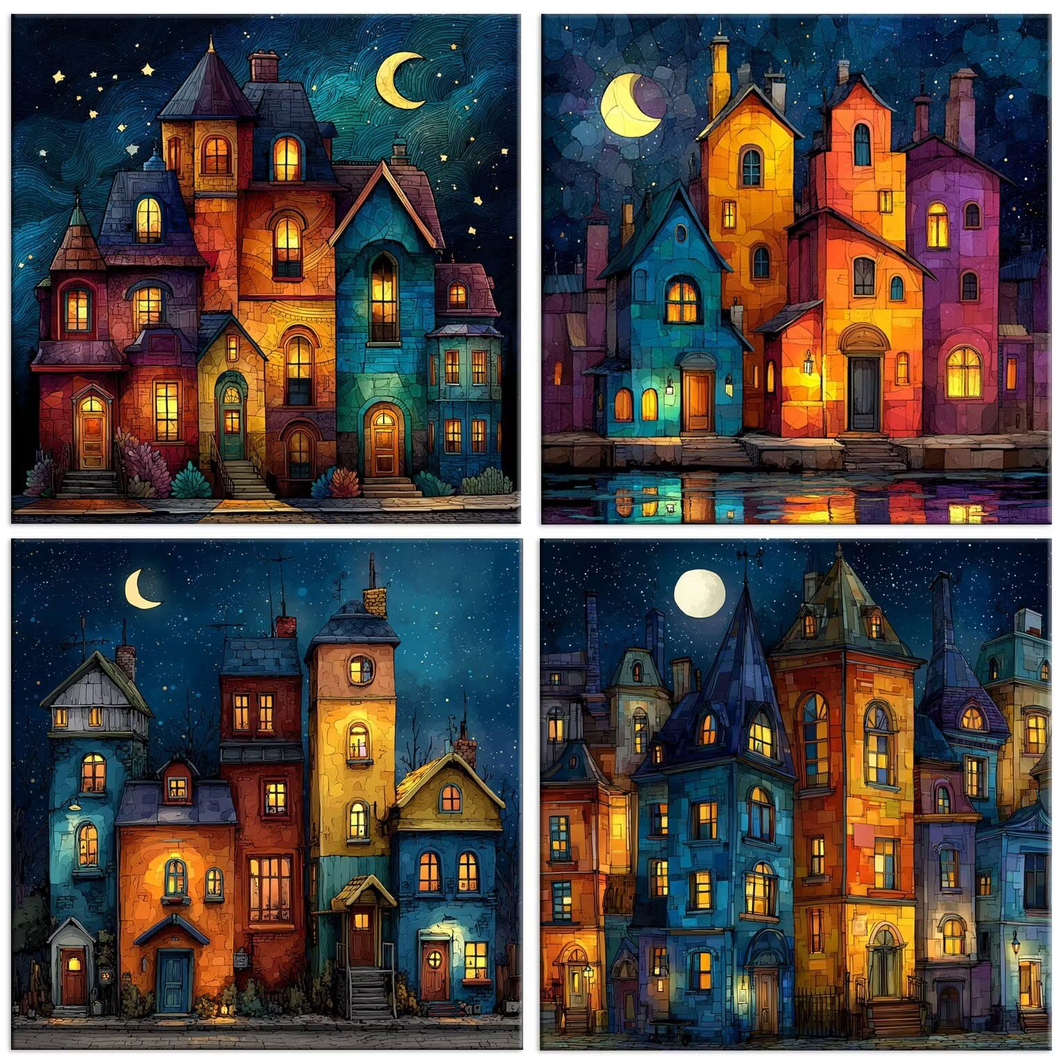 Vista nocturna del pueblo 5D Kits de Pintura de Diamantes 70x70cm G-859 | 5D DIY Diamond Painting Kit Completo 4 Pack, Pintura Diamante Niños Adultos Diamant Bordado Punto de Cruz para Decor Hogar