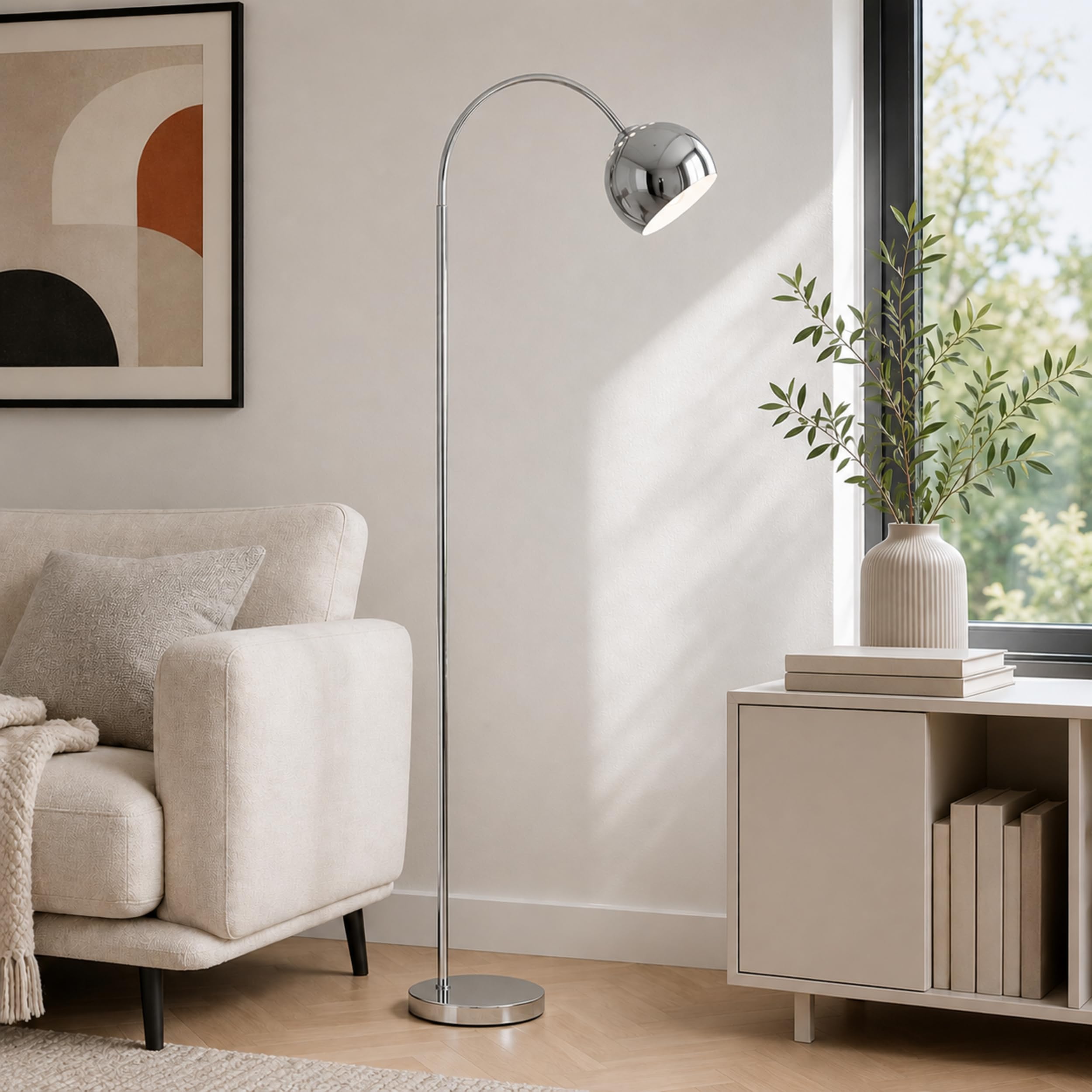Lampada da terra curva brillante Helen, attacco E27, altezza 170 cm, larghezza 23 cm, profondità 51 cm, braccio curvo, metallo, colore cromo, ideale per soggiorno, angolo lettura, design moderno ed