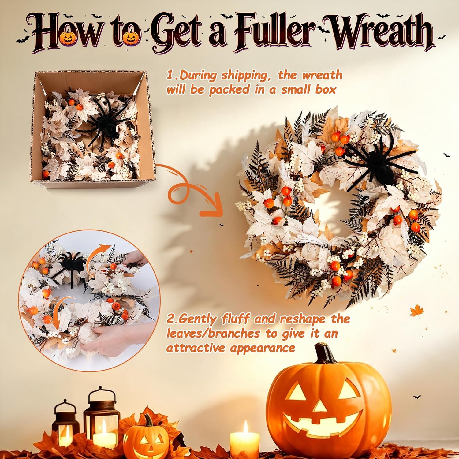 Grooy 22 Inch Halloween Wreath for Front Door with Spider Maple Leaf