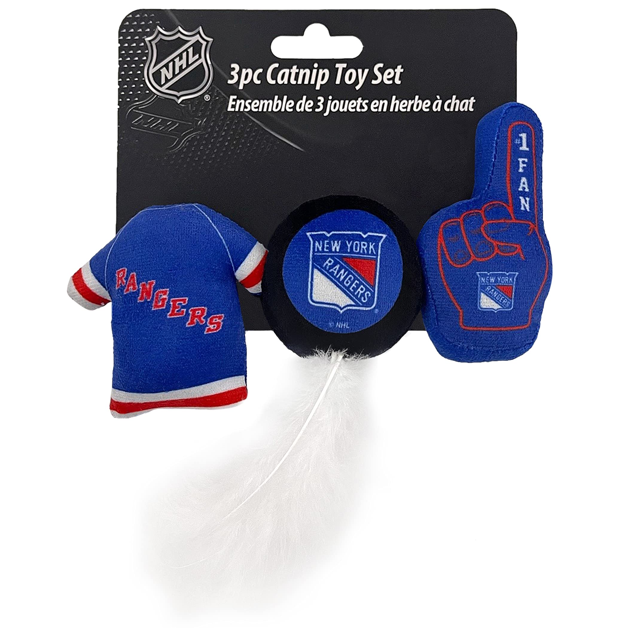 NHL NEW YORK RANGERS Plush Cat Toys Set: Jersey, Hockey Puck & #1 Fan, Filled with Fresh Catnip