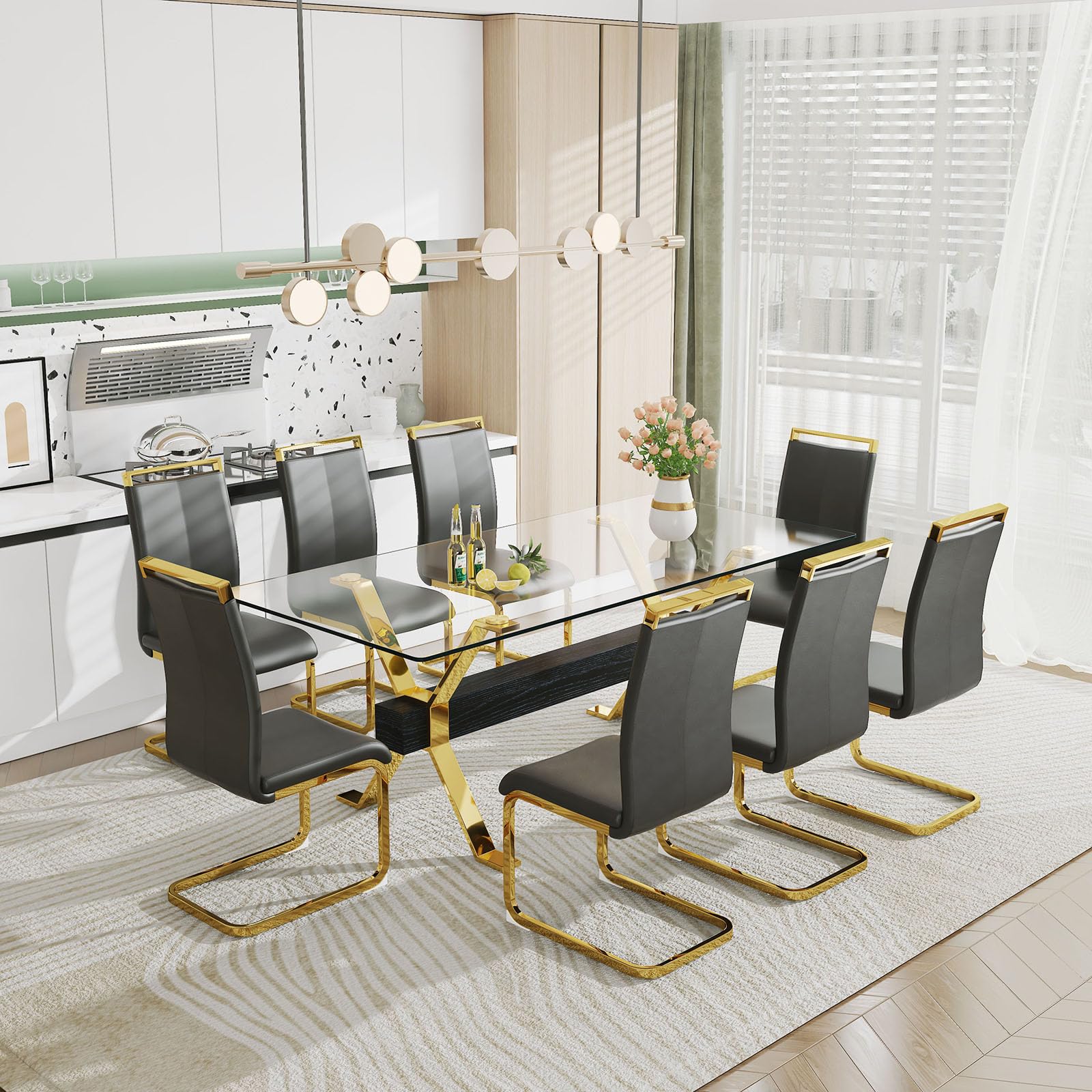 Pvillez Glass Dining Table Set for 8, 9 Piece Dining Room Table Set, 78" Modern Large Glass Kitchen & Dining Room Table w/Golden Metal Legs and Black MDF Crossbars & 8 Black PU Leather Dining Chairs